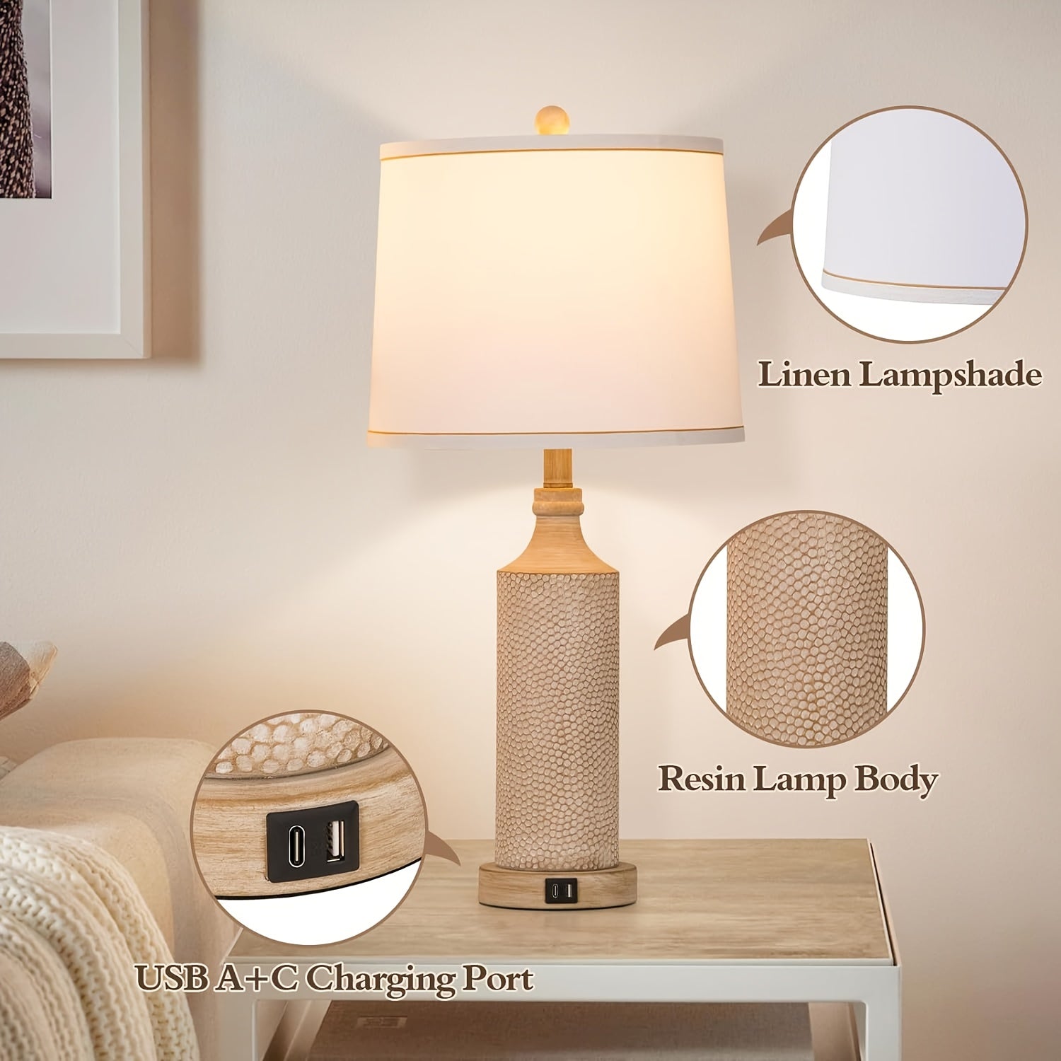 27.5 Inch H 3-Channel Adjustable Touch Lamp, Featuring USB A And C Ports, Vintage Washed White Resin Design, Perfect for Bedside Tables, Living Rooms, Bedrooms, And Offices