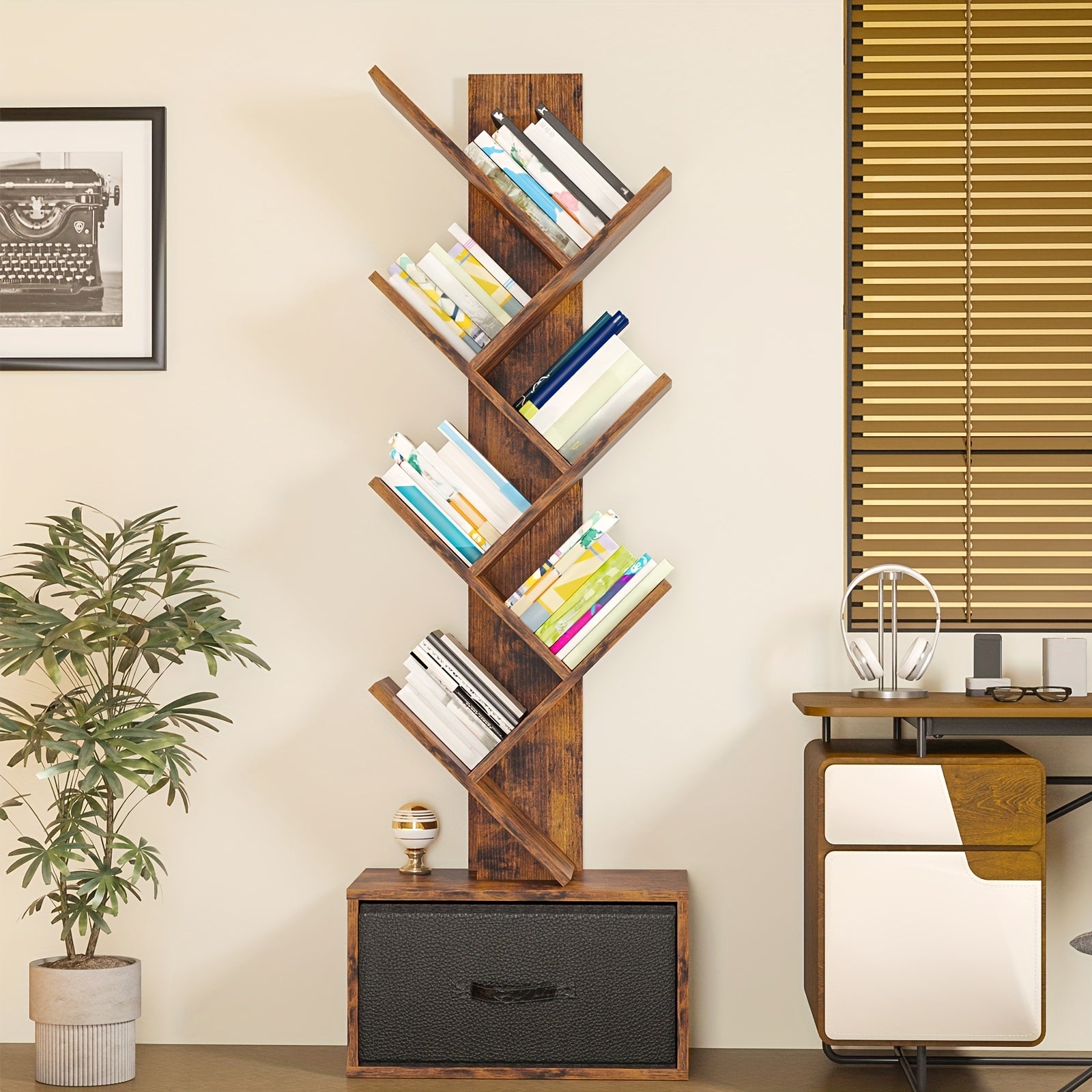 TOMNK 6-Tier Bookshelf Featuring a Drawer, Tree-Shaped Book Storage, Ideal for Organizing Cds, Movies, And Books, Rustic Brown Finish, Offers Excellent Stability And Longevity, Suitable for Living Rooms, Bedrooms, Home Decoration, Assembly