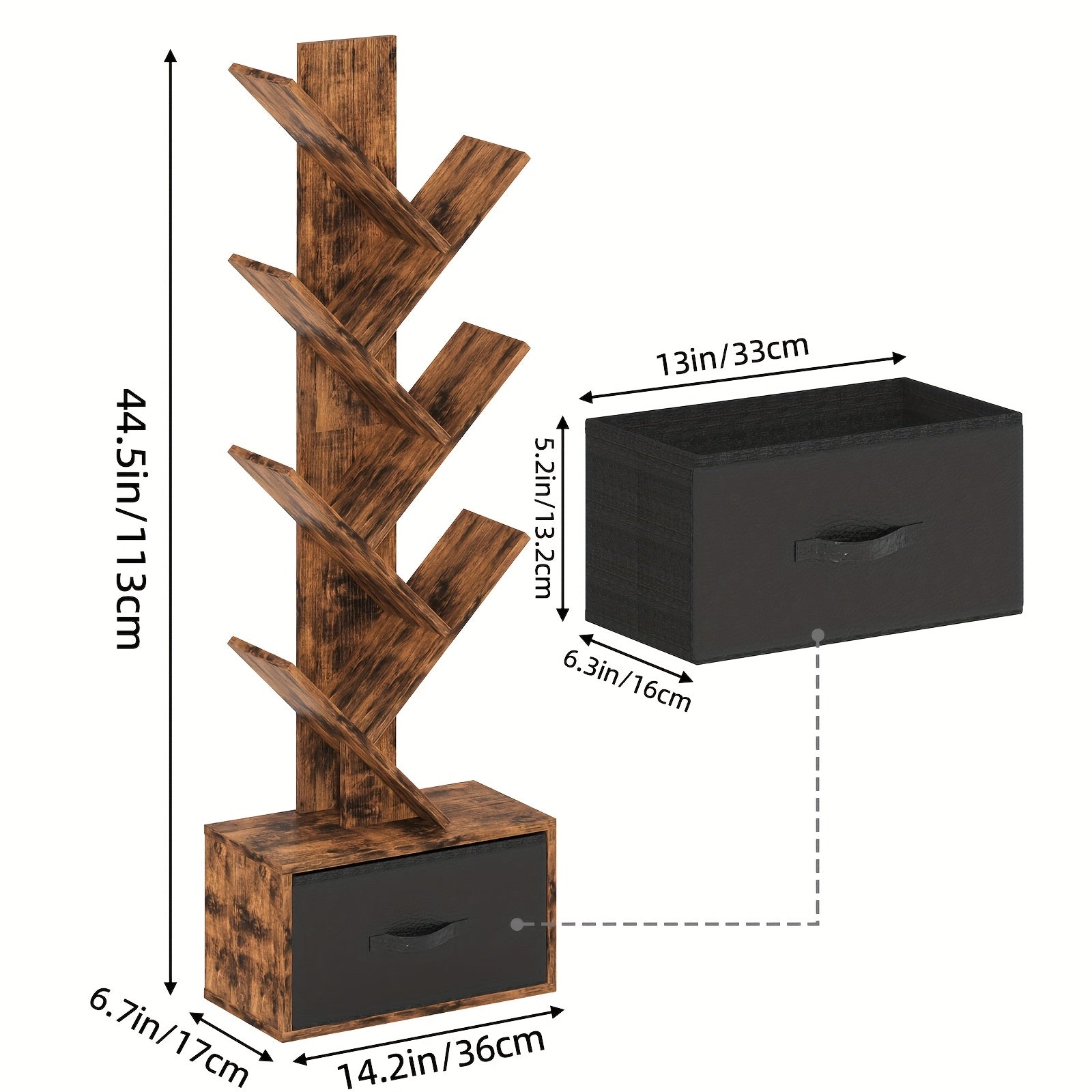 TOMNK 6-Tier Bookshelf Featuring a Drawer, Tree-Shaped Book Storage, Ideal for Organizing Cds, Movies, And Books, Rustic Brown Finish, Offers Excellent Stability And Longevity, Suitable for Living Rooms, Bedrooms, Home Decoration, Assembly