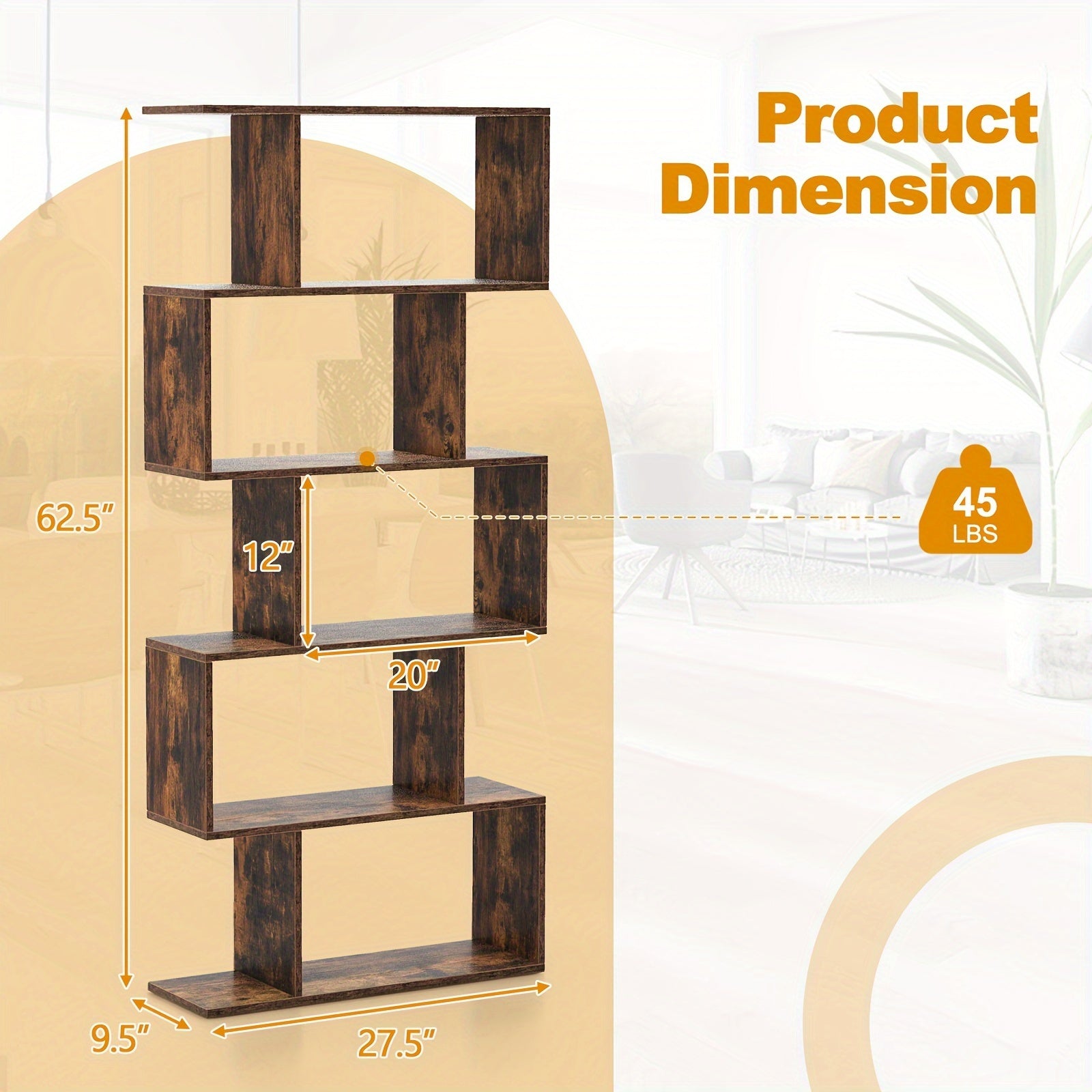 5-Tier Geometric S-Shaped Bookcase, Rustic Wooden Room Divider Storage Display Shelf, 62.5\