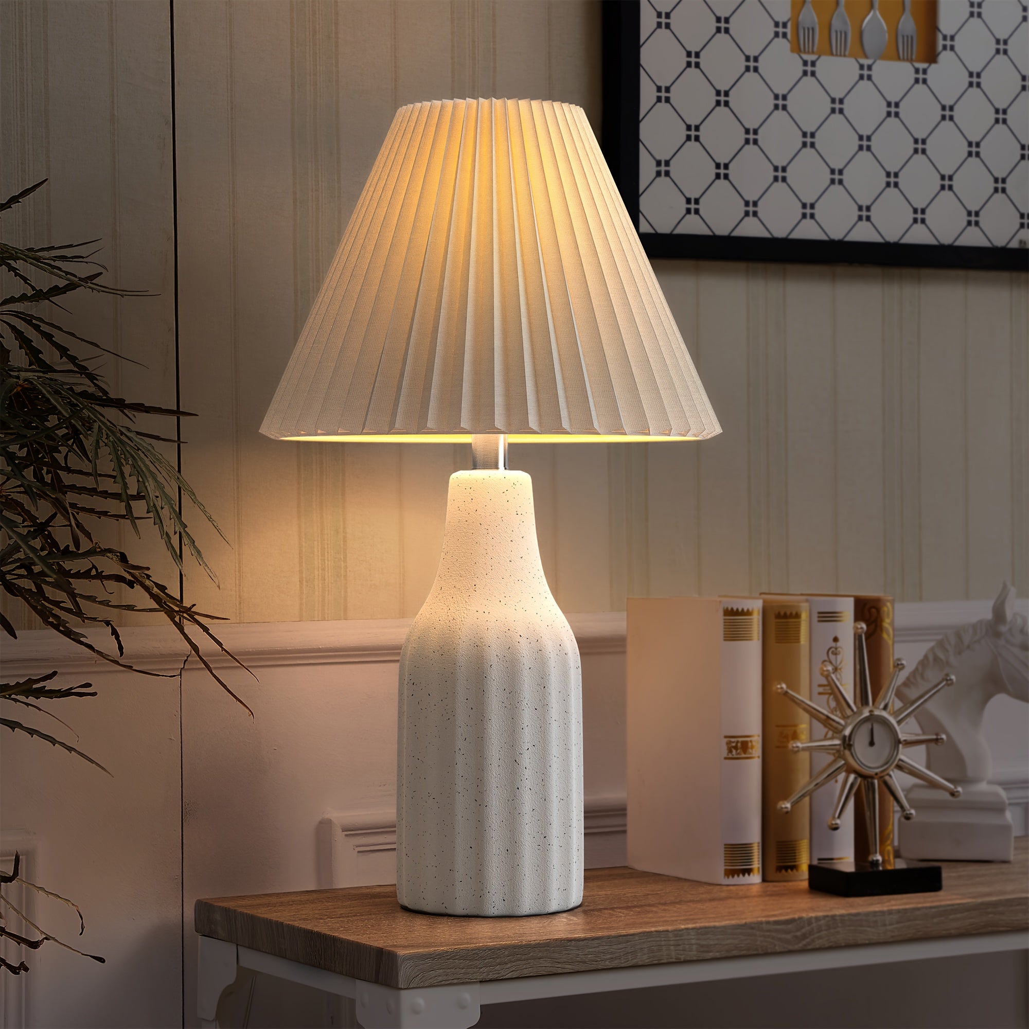 22-Inch Minimalist White Ceramic Table Lamp Featuring a Pleated Shade, Ideal for Desks, Bedrooms, And Nightstands with a Terrazzo End