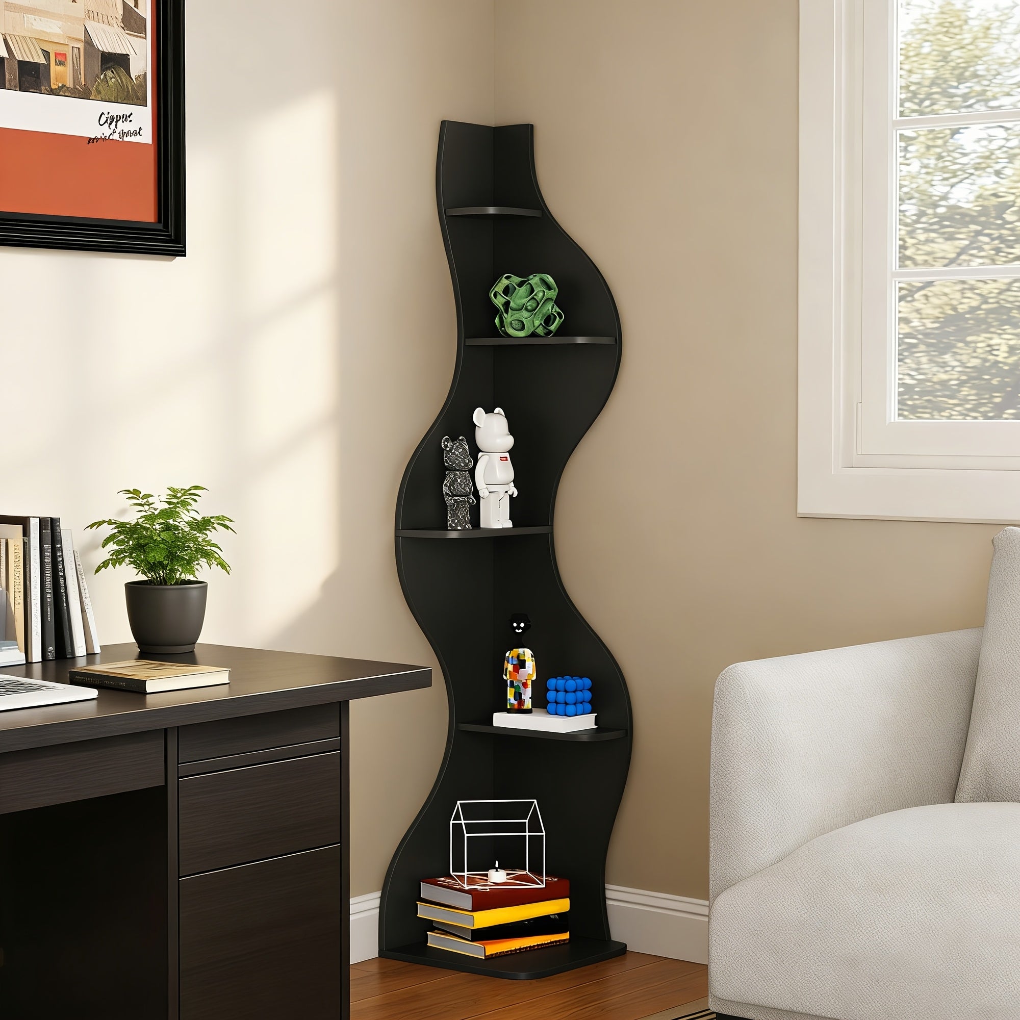 5 Tier Corner Bookshelf | Modern Black Bookcase with Freestanding Design, Wood Material, Unfinished End, Suitable for Living Room