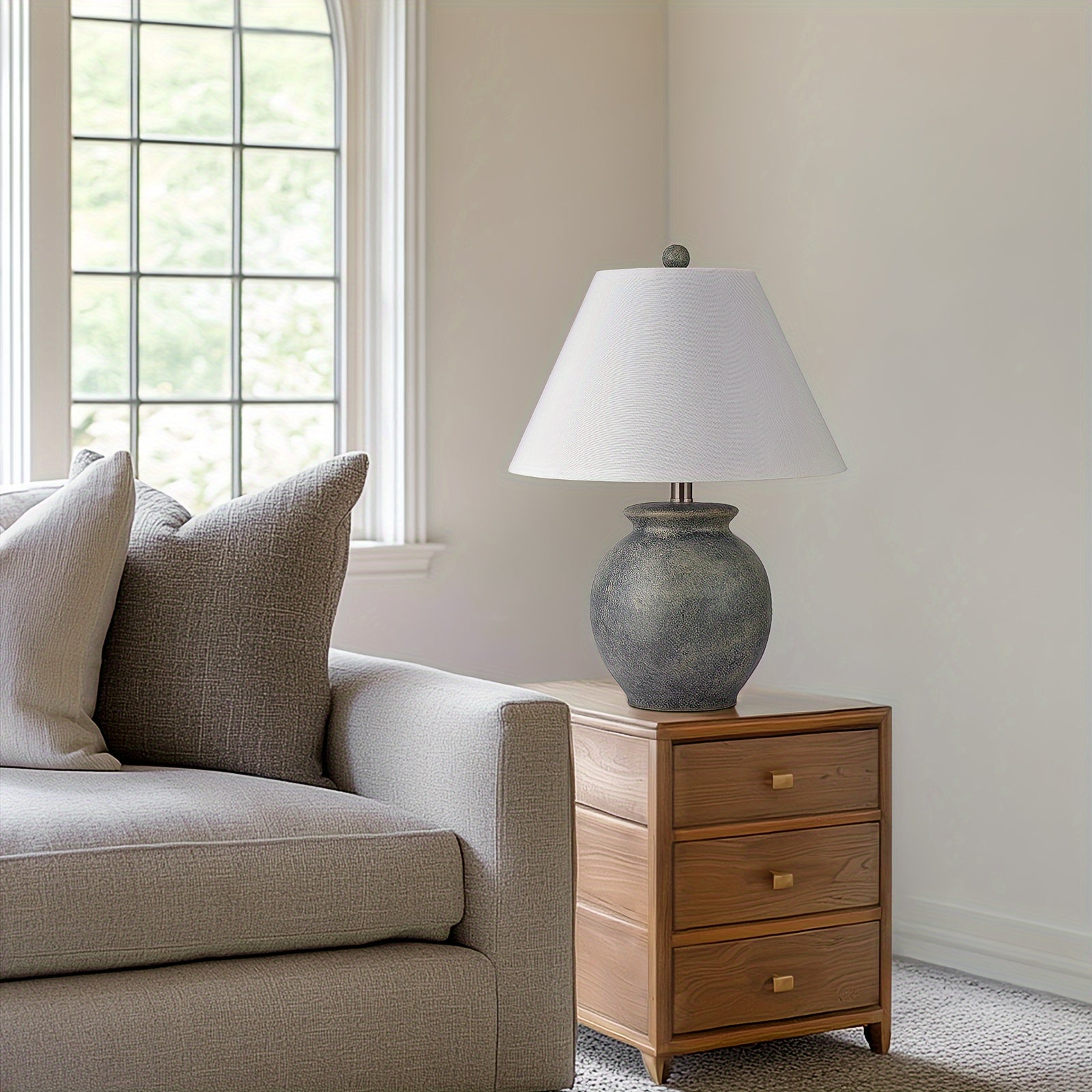 21'' Rustic Ceramic Table Lamps For Small Spaces, E26 Socket, High Distressed Grey\u002FBlack Clay Little Accent Lamp Decorative For Kitchen Counter, Bedroom Nightstand, Living Room, Entryway, Console Table, White Empire Linen Shade (Bulb Not Included)