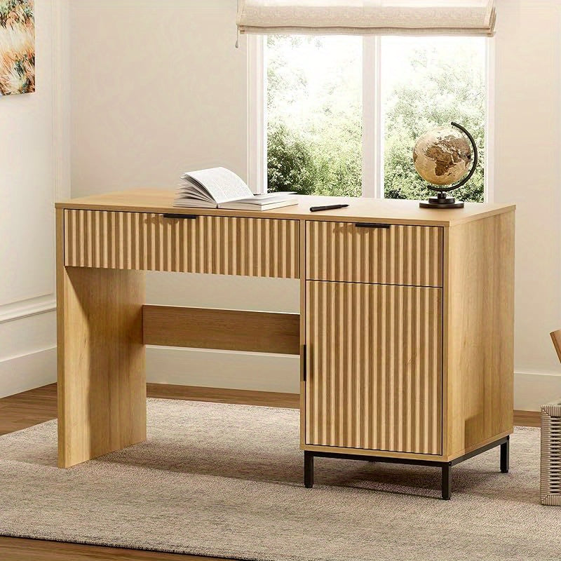 47-Inch Fluted Executive Desk, Contemporary Wooden Home Office Desk Featuring a Charging Station, Drawer & Cabinet, Computer Writing Desk Suitable for Work And Study