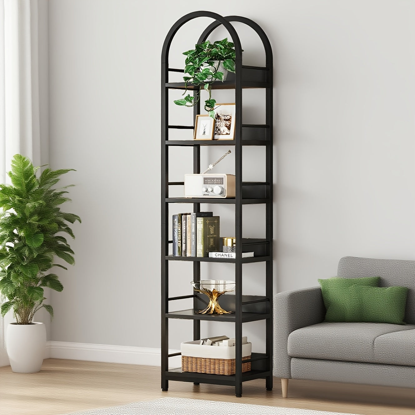 78.7-Inch Slim Bookcase with Six Levels And an Arched Design for Showcasing Books