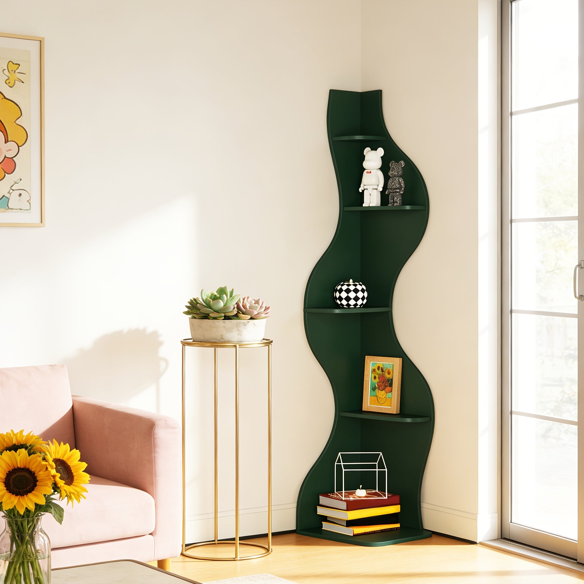 5 Tier Corner Bookshelf | Modern Black Bookcase with Freestanding Design, Wood Material, Unfinished End, Suitable for Living Room