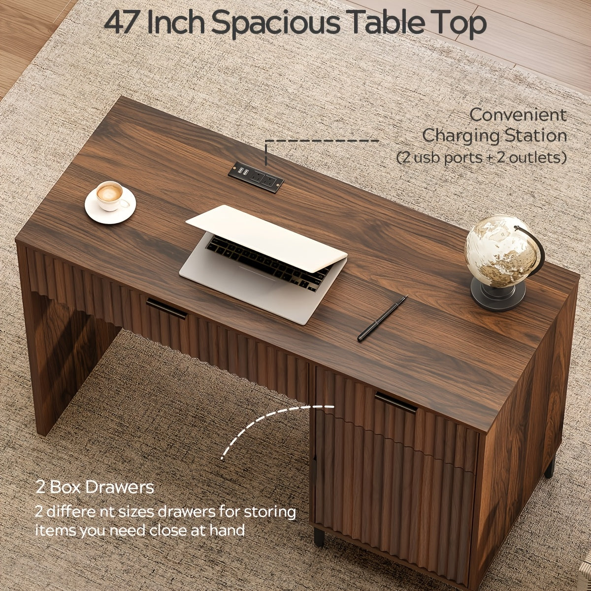 47-Inch Fluted Executive Desk, Contemporary Wooden Home Office Desk Featuring a Charging Station, Drawer & Cabinet, Computer Writing Desk Suitable for Work And Study