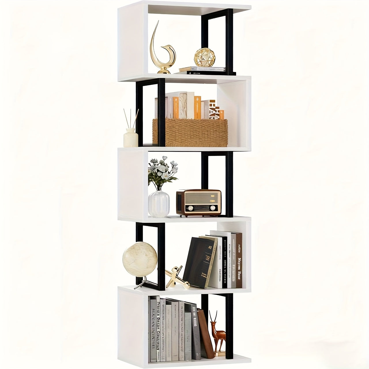 6-tier Tall Bookshelf, Lofty Geometric Book Cabinet, S-shaped Industrial-style Display Freestanding Bookshelf, Metal And Wood Decorative Storage Partition Rack, Suitable for Bedroom, Living Room, Office, Black\u002Fwhite