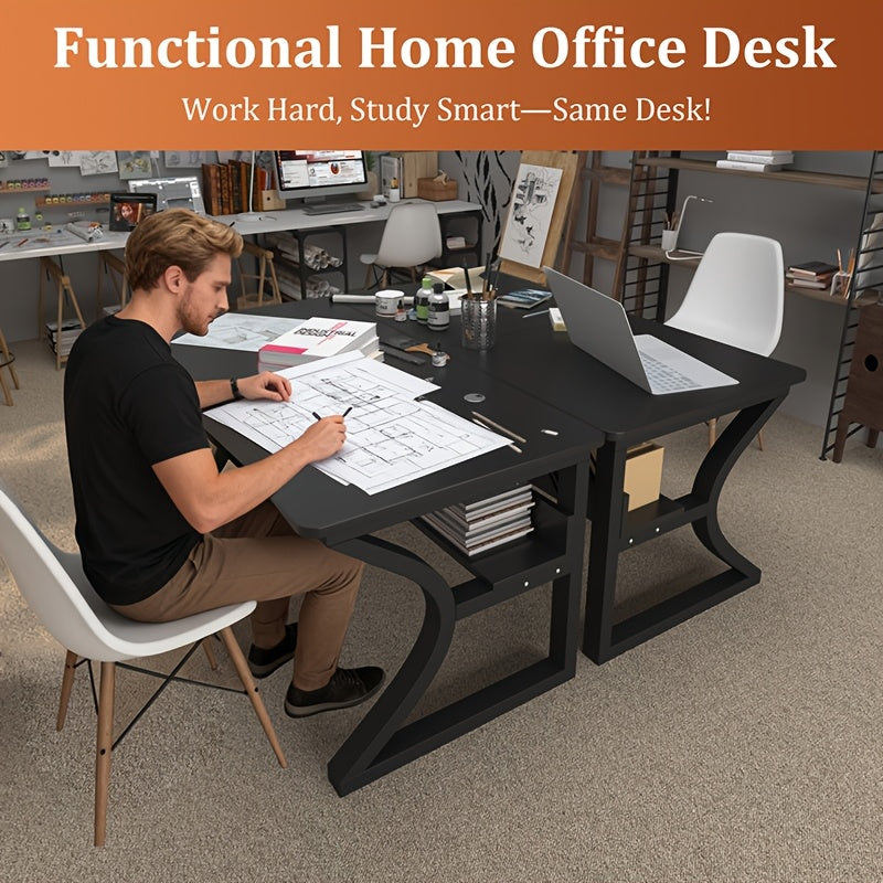 Computer Desk 55'' Large Home Office Desk with Sturdy Metal Frame U Shaped Modern Computer Desks with Storage Study Writing Office Work from Home Desks (Black, 55 Inch)