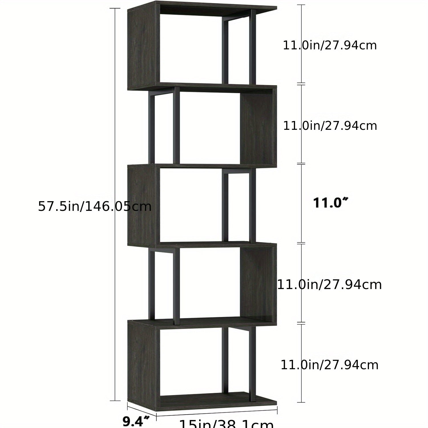 6-tier Tall Bookshelf, Lofty Geometric Book Cabinet, S-shaped Industrial-style Display Freestanding Bookshelf, Metal And Wood Decorative Storage Partition Rack, Suitable for Bedroom, Living Room, Office, Black\u002Fwhite