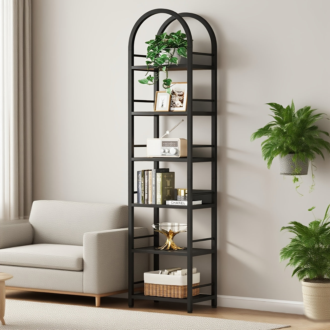 78.7-Inch Slim Bookcase with Six Levels And an Arched Design for Showcasing Books