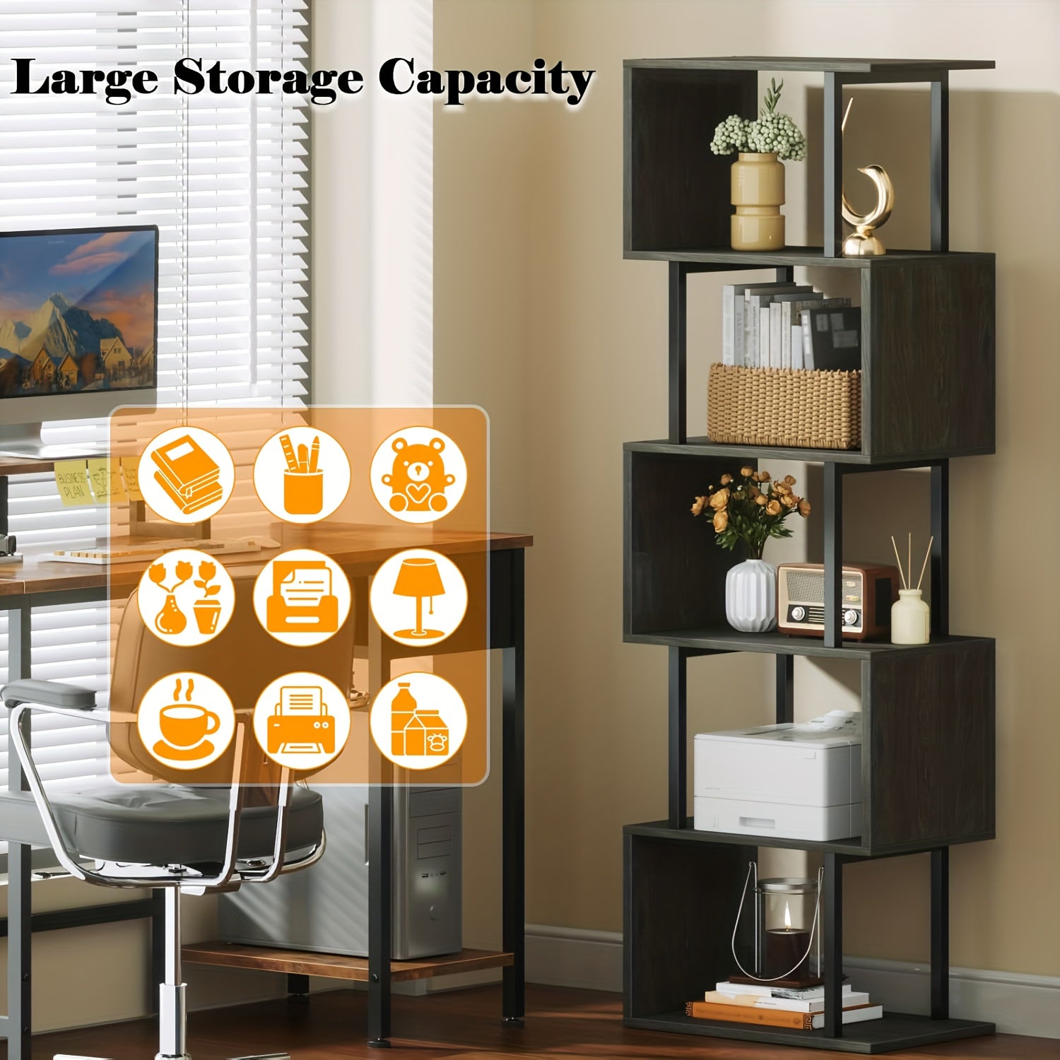 6-tier Tall Bookshelf, Lofty Geometric Book Cabinet, S-shaped Industrial-style Display Freestanding Bookshelf, Metal And Wood Decorative Storage Partition Rack, Suitable for Bedroom, Living Room, Office, Black\u002Fwhite