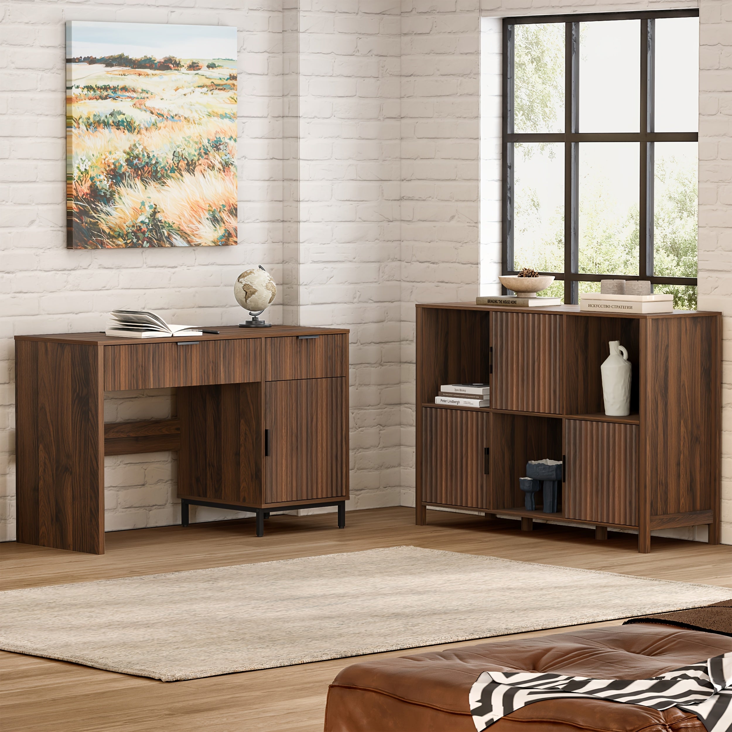 47-Inch Fluted Executive Desk, Contemporary Wooden Home Office Desk Featuring a Charging Station, Drawer & Cabinet, Computer Writing Desk Suitable for Work And Study