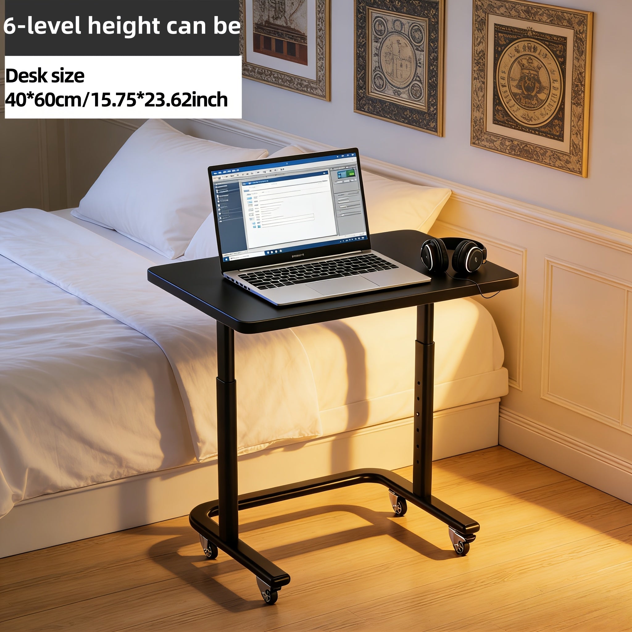 Adjustable Height Mobile Computer Desk with Smooth Rolling Lockable Casters; Sturdy Ergonomic Bedside Workstation for Home Office, Gaming, And Bedridden Use Durable Laptop Table, Space-saving.