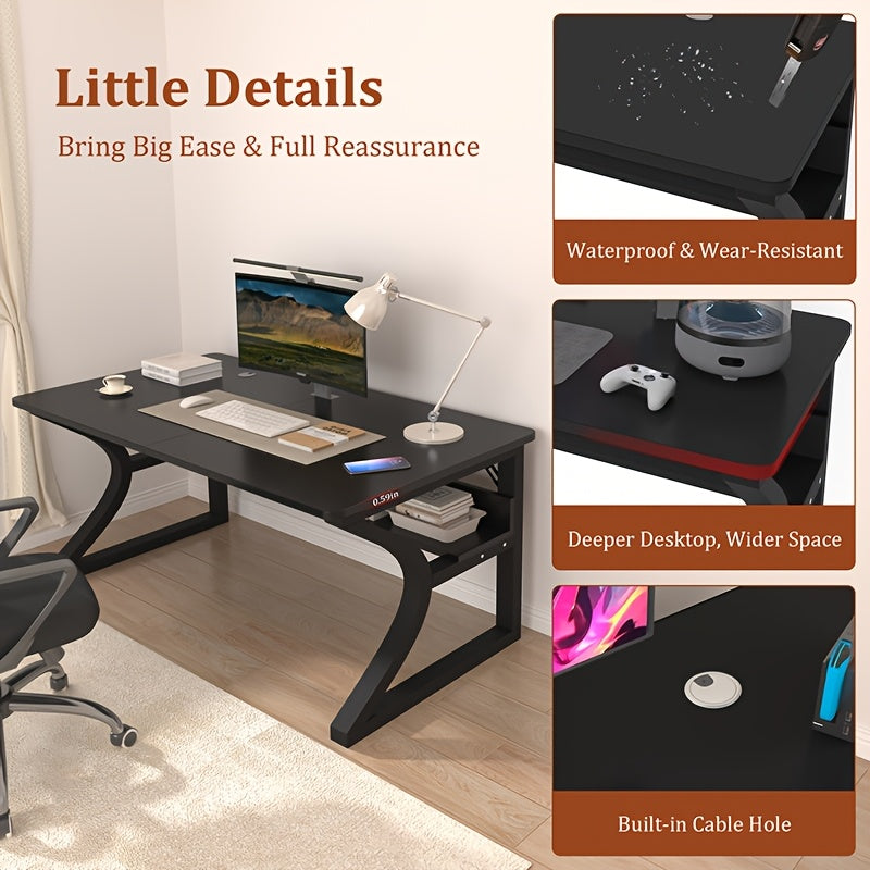 Computer Desk 55'' Large Home Office Desk with Sturdy Metal Frame U Shaped Modern Computer Desks with Storage Study Writing Office Work from Home Desks (Black, 55 Inch)