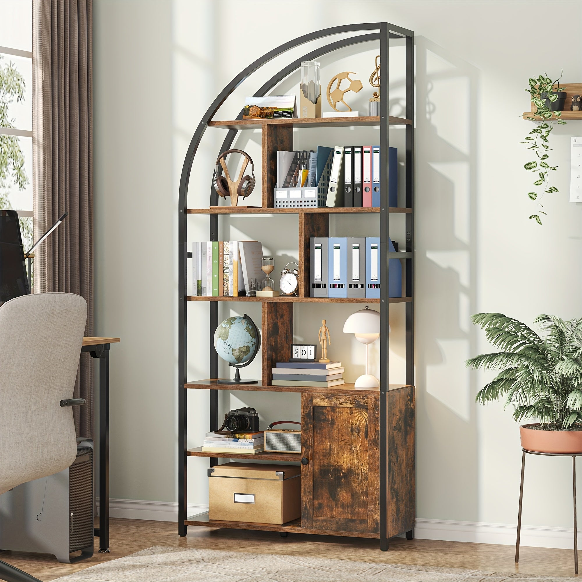 Industrial-Style 6-Tier Bookshelf Featuring a Door, Standing 71.1 Inches Tall, with a Metal Frame And 9 Open Display Shelves. This Large Shelving Unit in a Brown Geometric Design Is Perfect for Your Living Room Or Home Office