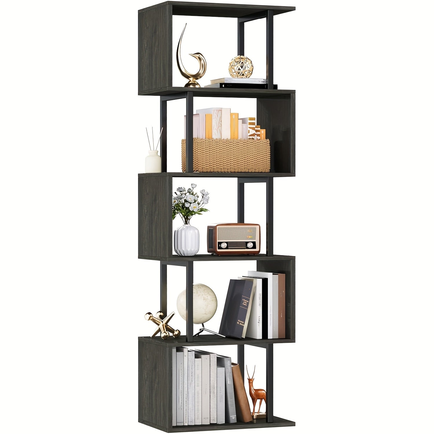 6-tier Tall Bookshelf, Lofty Geometric Book Cabinet, S-shaped Industrial-style Display Freestanding Bookshelf, Metal And Wood Decorative Storage Partition Rack, Suitable for Bedroom, Living Room, Office, Black\u002Fwhite