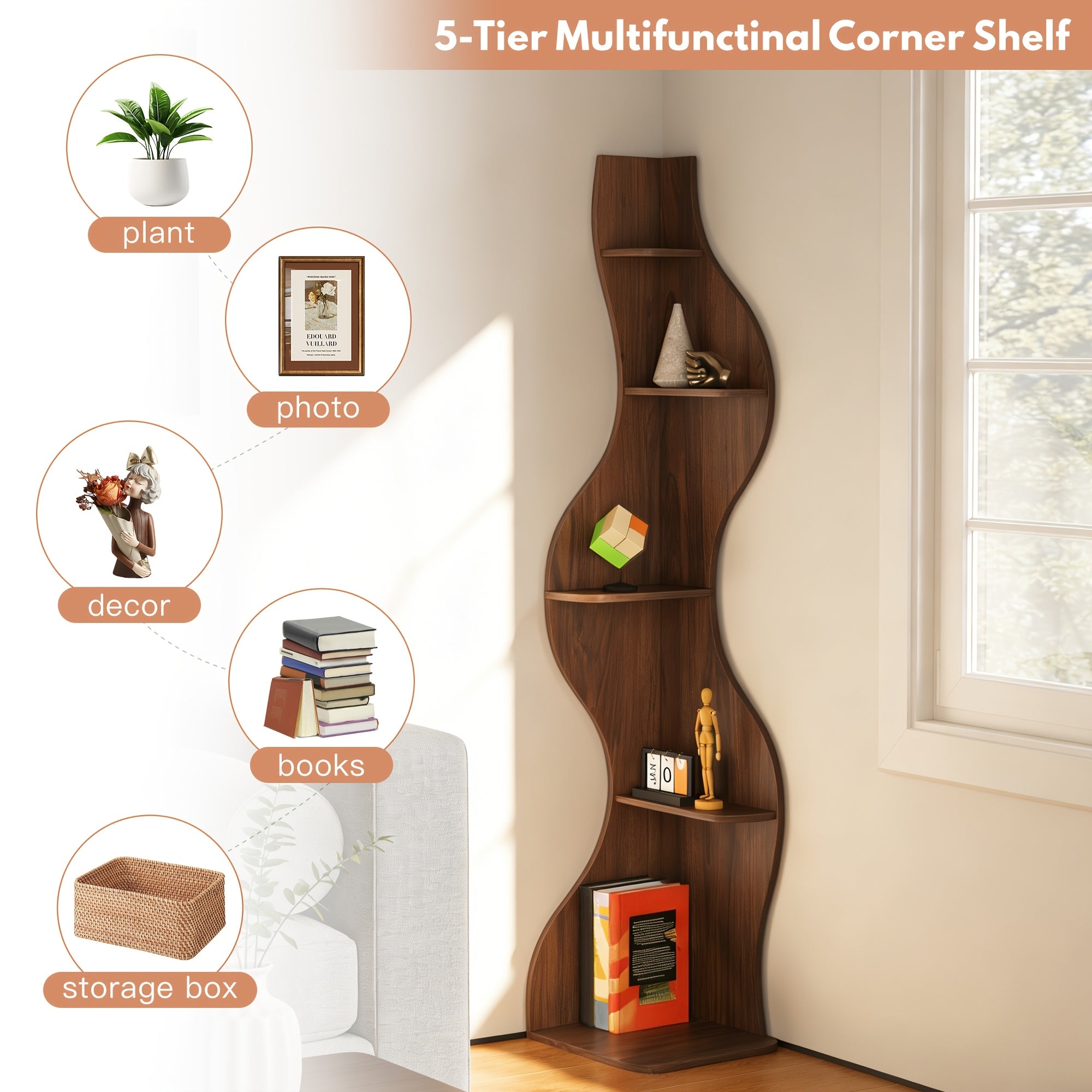 5 Tier Corner Bookshelf | Modern Black Bookcase with Freestanding Design, Wood Material, Unfinished End, Suitable for Living Room