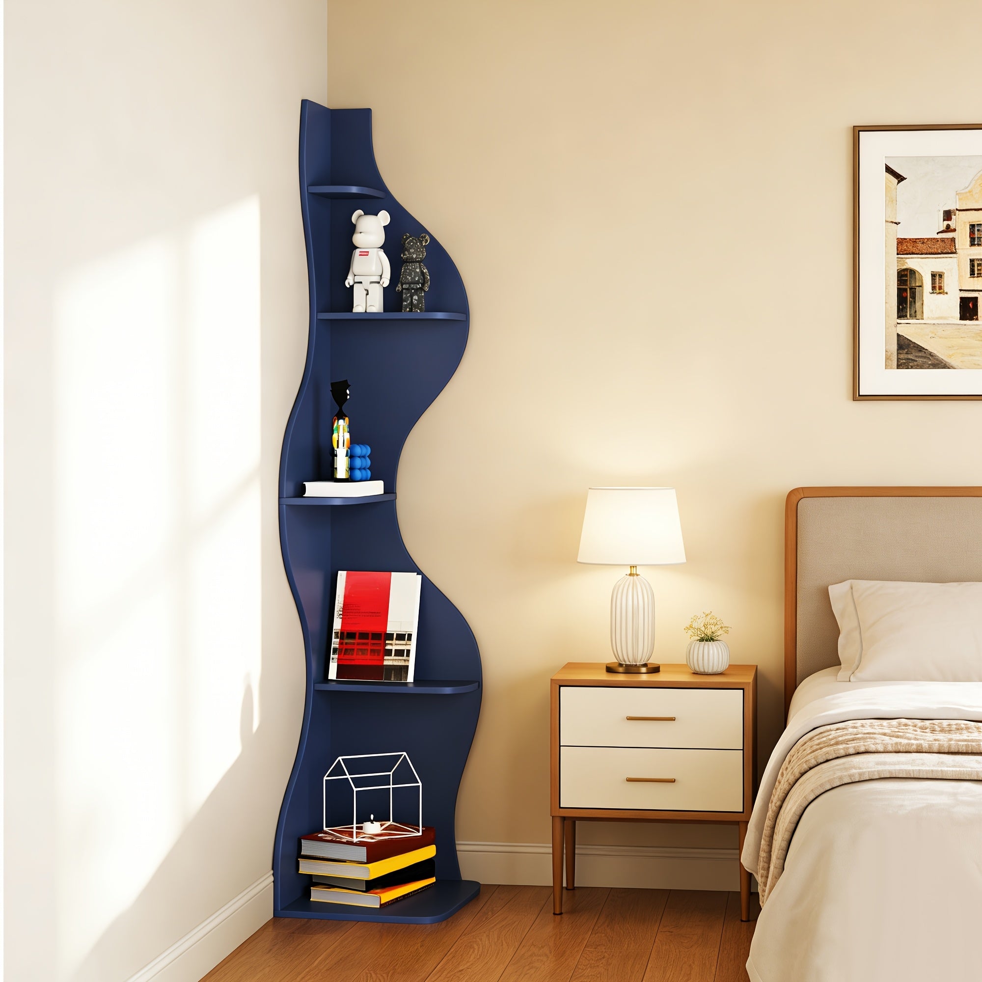 5 Tier Corner Bookshelf | Modern Black Bookcase with Freestanding Design, Wood Material, Unfinished End, Suitable for Living Room