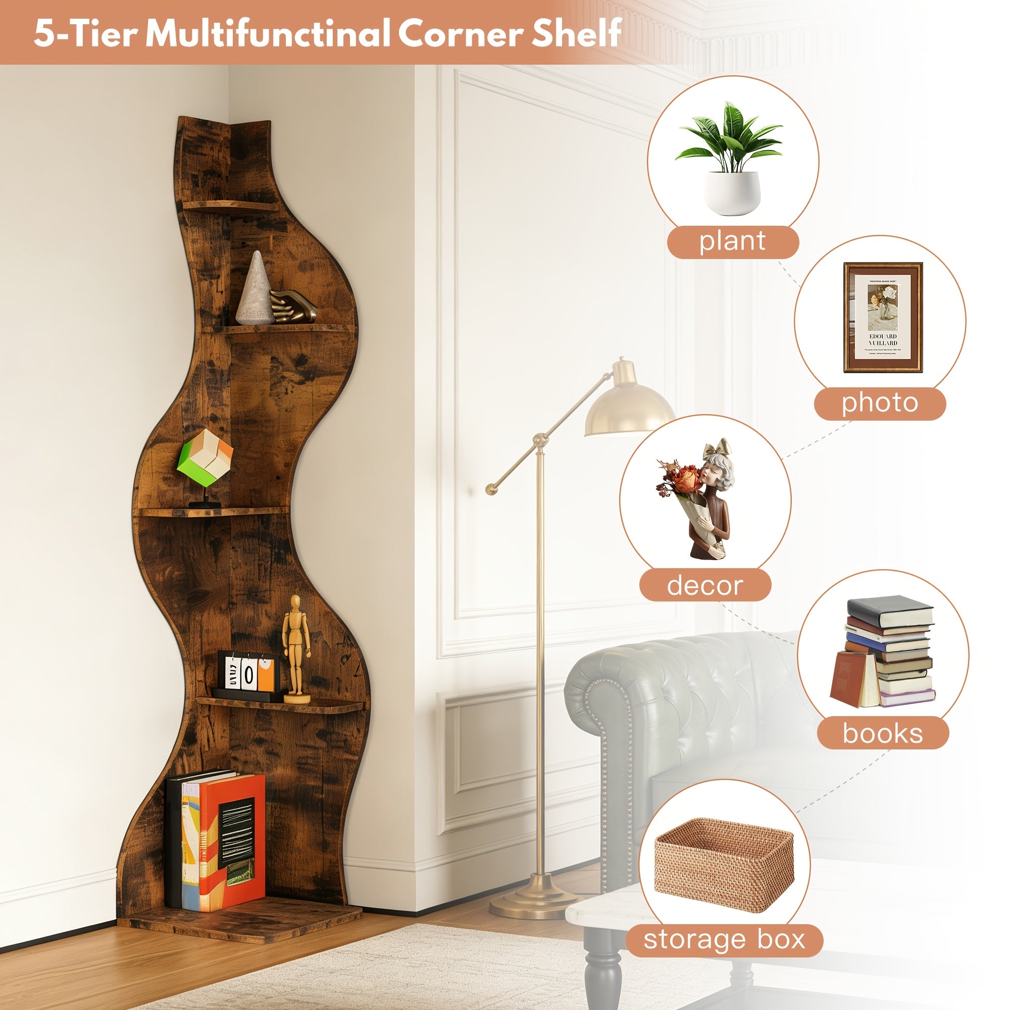 5 Tier Corner Bookshelf | Modern Black Bookcase with Freestanding Design, Wood Material, Unfinished End, Suitable for Living Room