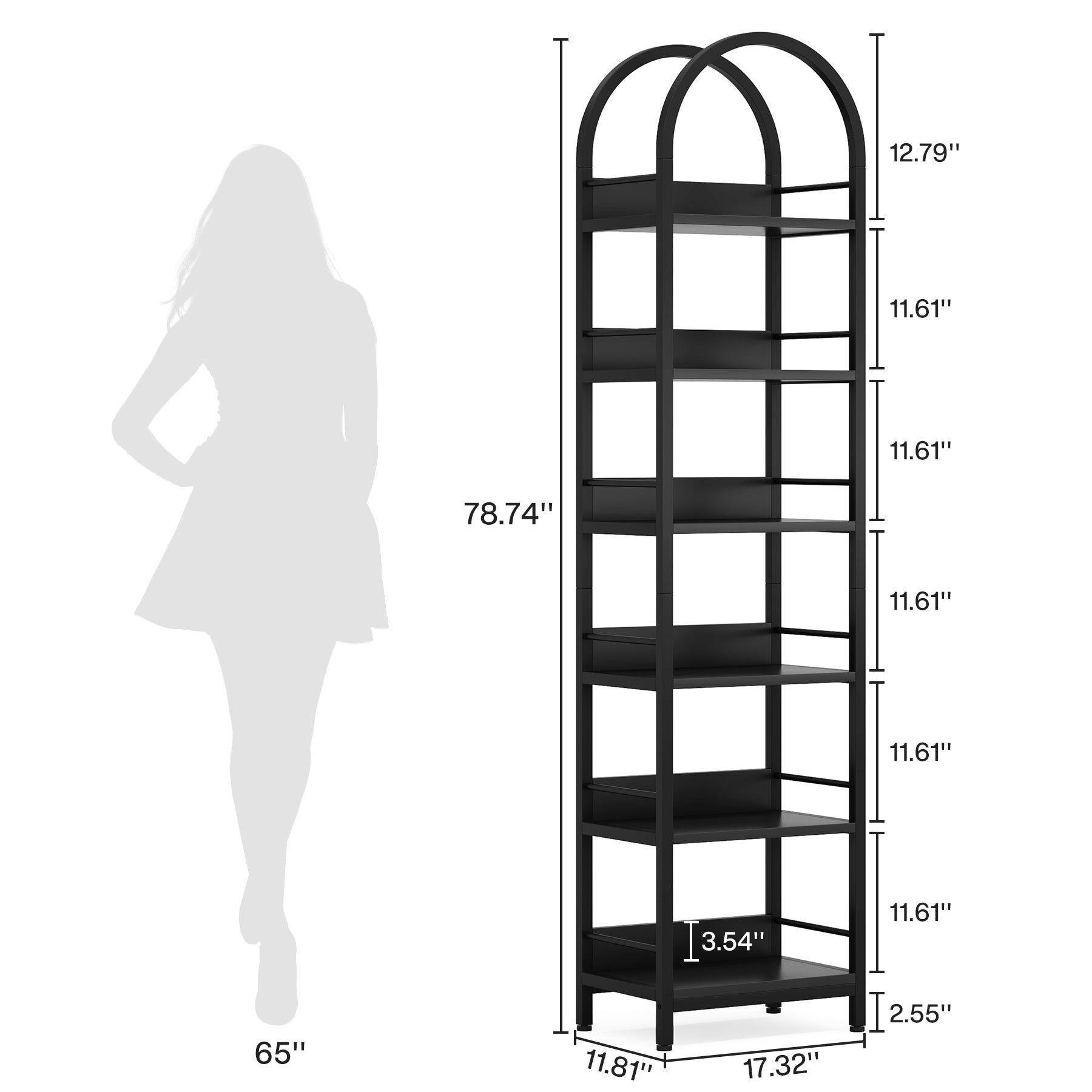 78.7-Inch Slim Bookcase with Six Levels And an Arched Design for Showcasing Books
