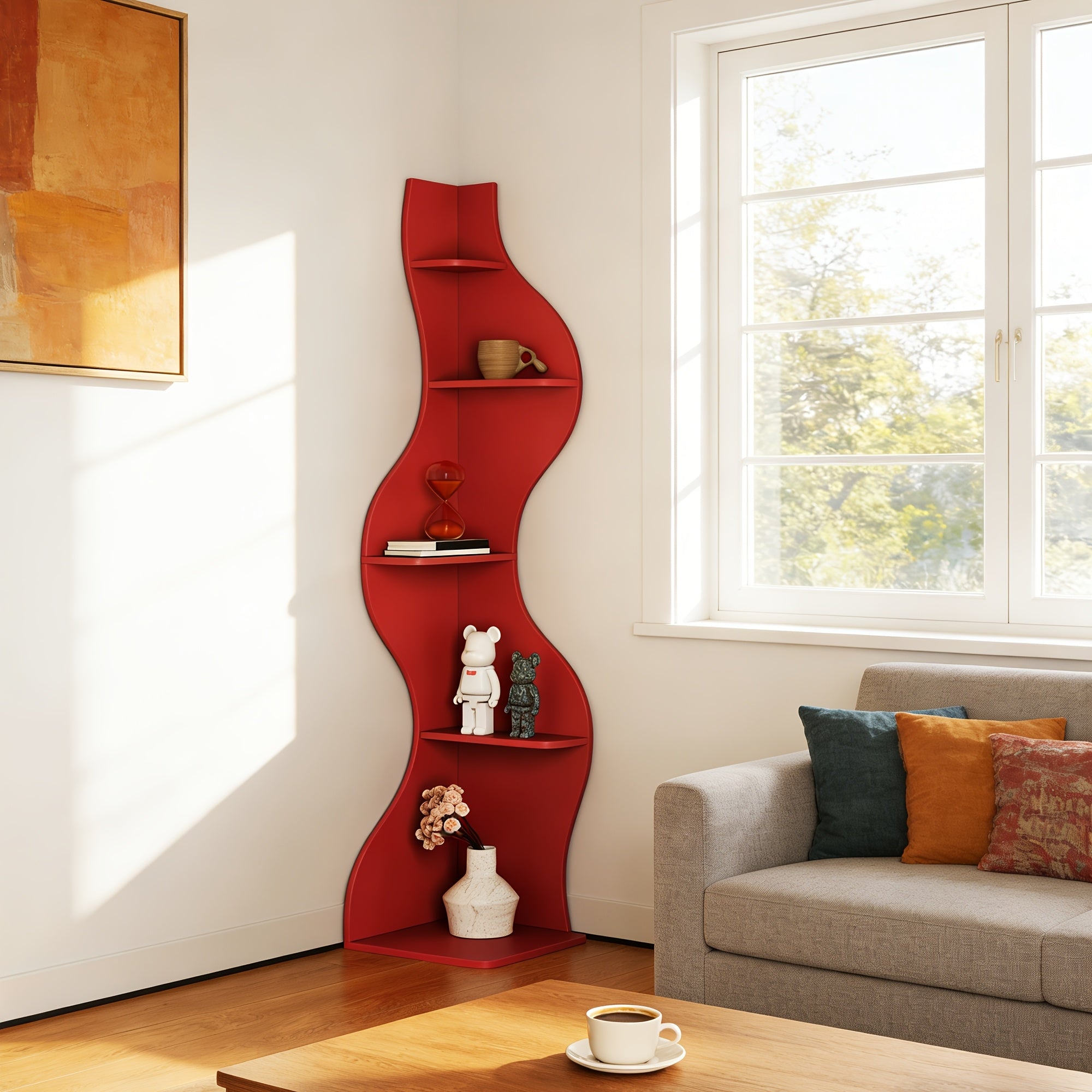 5 Tier Corner Bookshelf | Modern Black Bookcase with Freestanding Design, Wood Material, Unfinished End, Suitable for Living Room