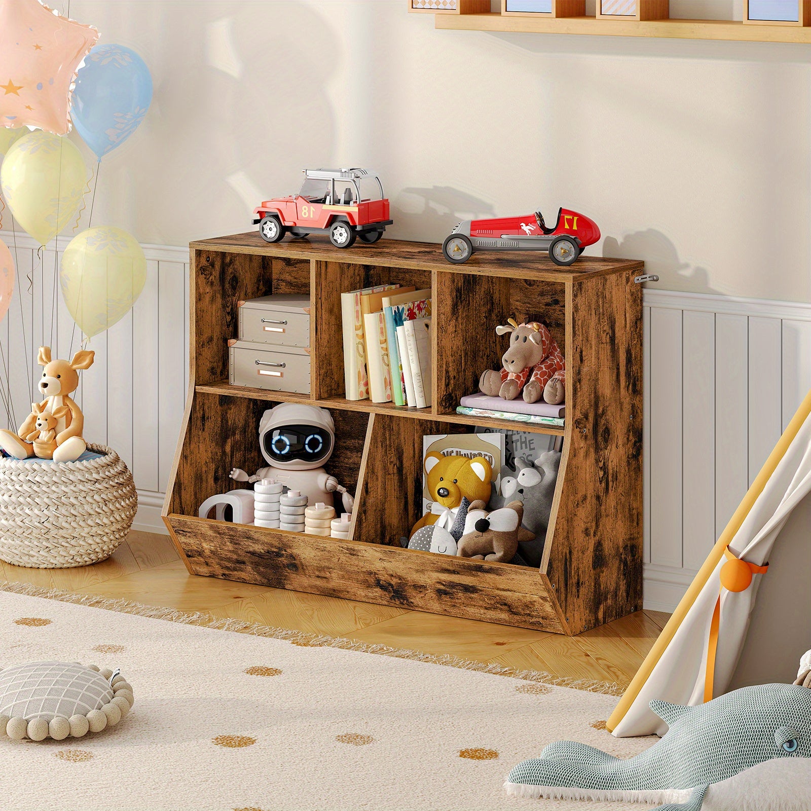 Rustic Brown Engineered Wood Toy Storage Cabinet & Bookshelf - 35.4\