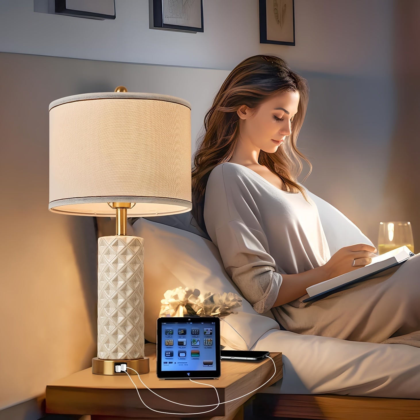 A Set of 2 Desk Lamps with USB A+C Port, 26 Inch Ceramic Bedside Desk Lamp, 3-speed Dimming, and Linen Lampshade for Living Room - Including 2 Light Bulbs