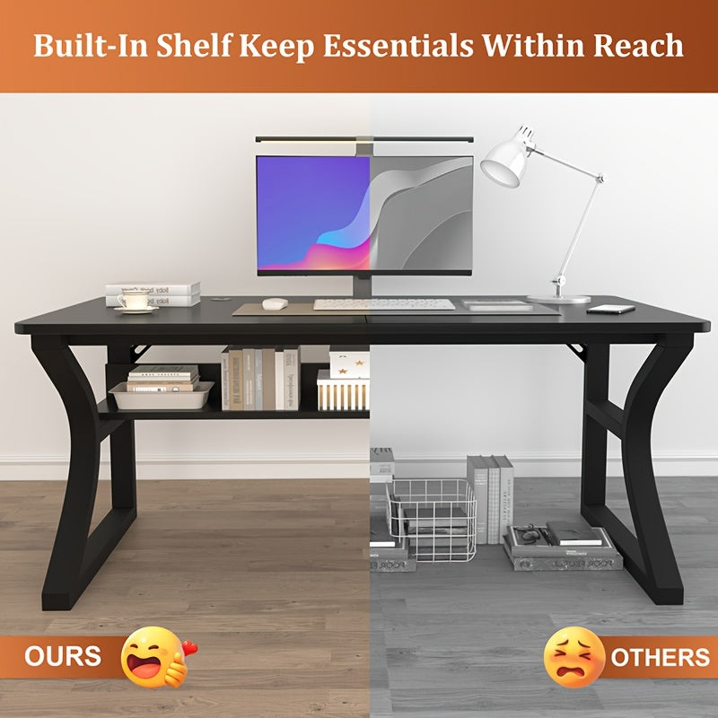 Computer Desk 55'' Large Home Office Desk with Sturdy Metal Frame U Shaped Modern Computer Desks with Storage Study Writing Office Work from Home Desks (Black, 55 Inch)