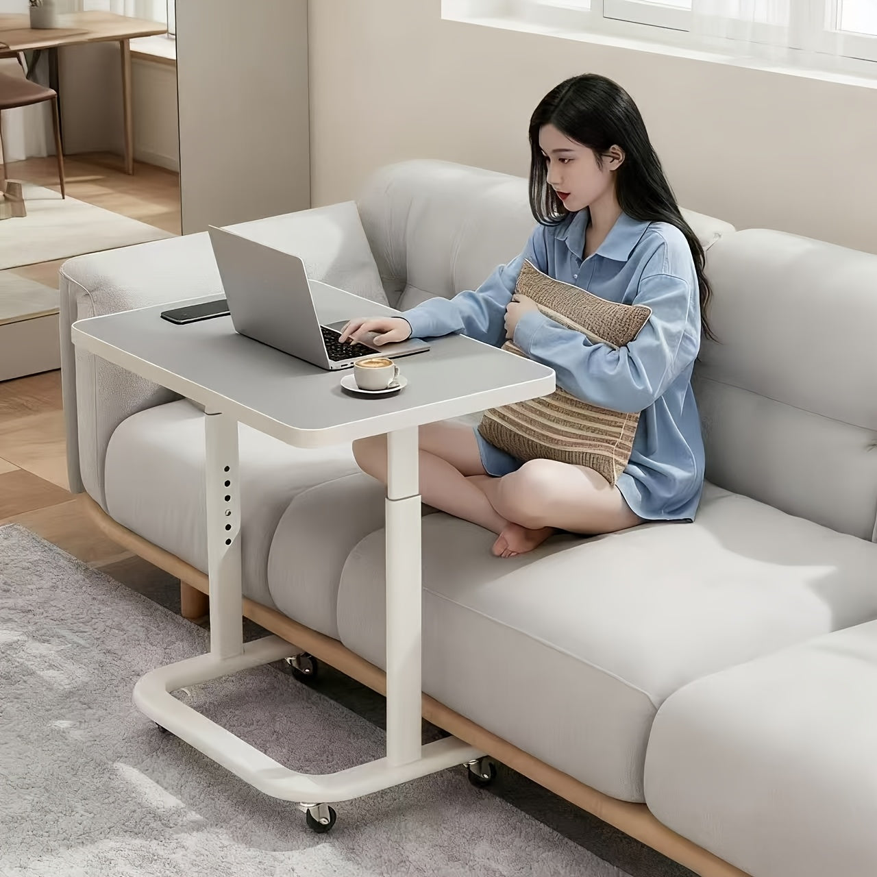 Adjustable Height Mobile Computer Desk with Smooth Rolling Lockable Casters; Sturdy Ergonomic Bedside Workstation for Home Office, Gaming, And Bedridden Use Durable Laptop Table, Space-saving.