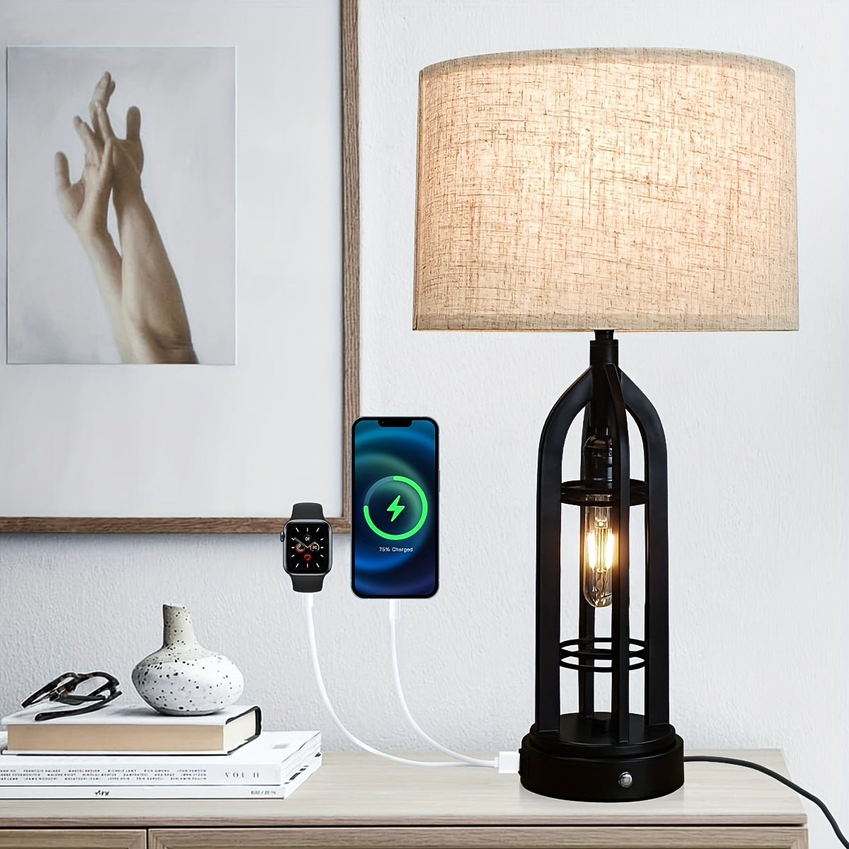 2 Sets Living Room Desk Lamp - USB C+A Port, 3-way Dark Bar Bedside Table Lamp, Country Bedside Table Lamp Side Table, Industrial Bedside Table Lamp(Light Bulb Included)Suitable For Living Room, Bedroom, Study