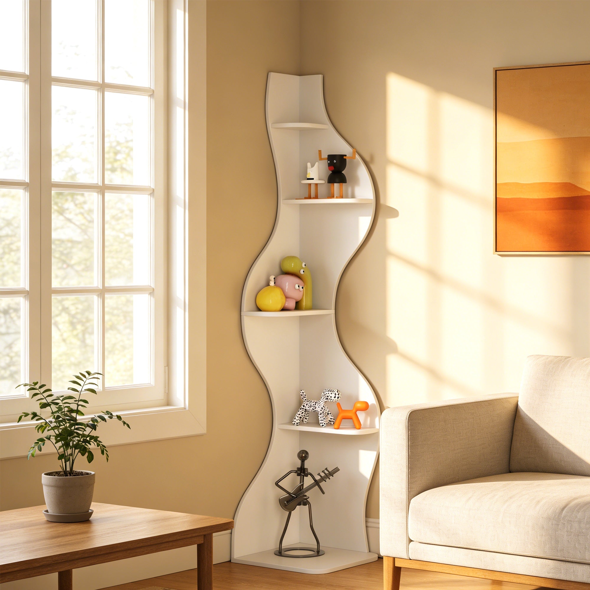 5 Tier Corner Bookshelf | Modern Black Bookcase with Freestanding Design, Wood Material, Unfinished End, Suitable for Living Room