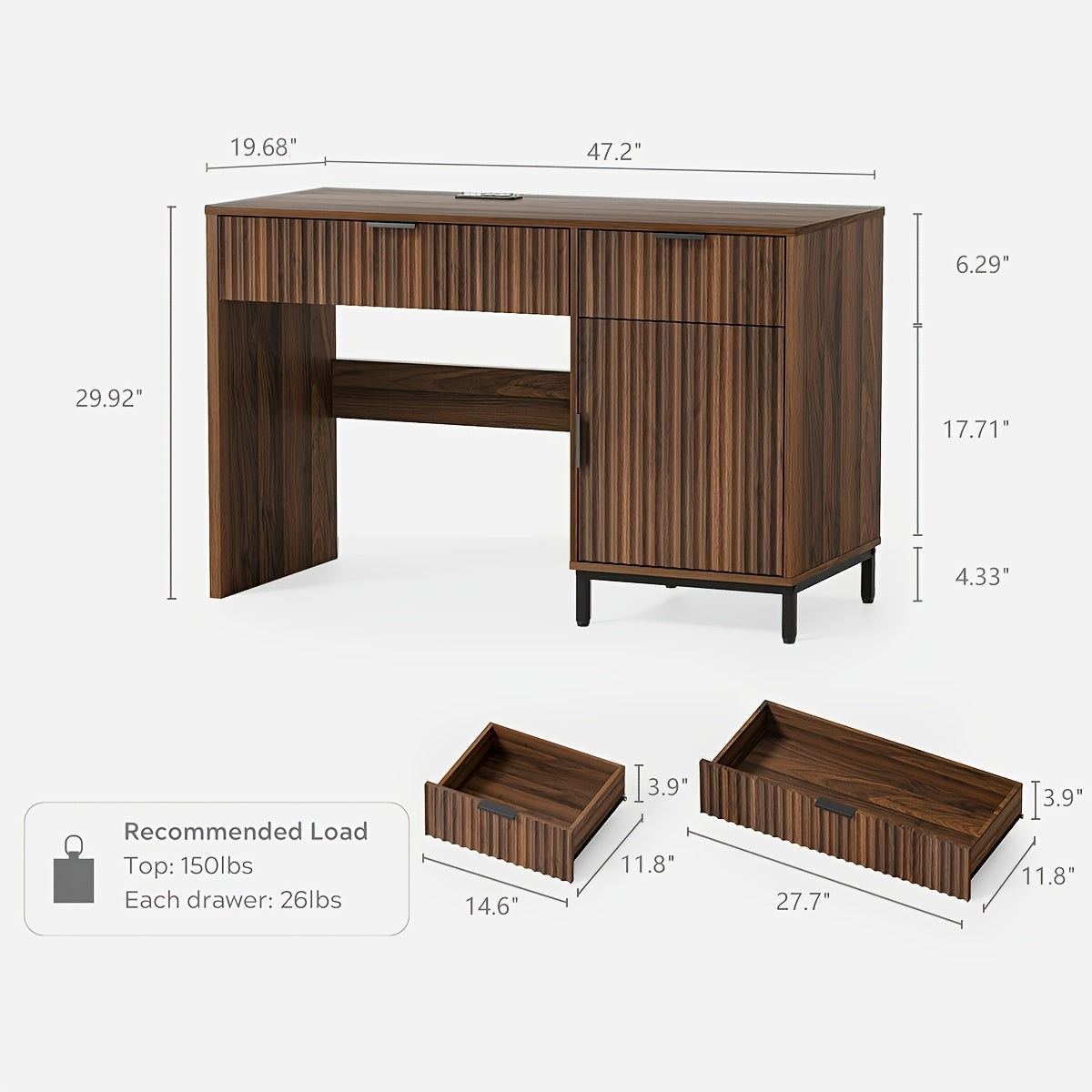 47-Inch Fluted Executive Desk, Contemporary Wooden Home Office Desk Featuring a Charging Station, Drawer & Cabinet, Computer Writing Desk Suitable for Work And Study