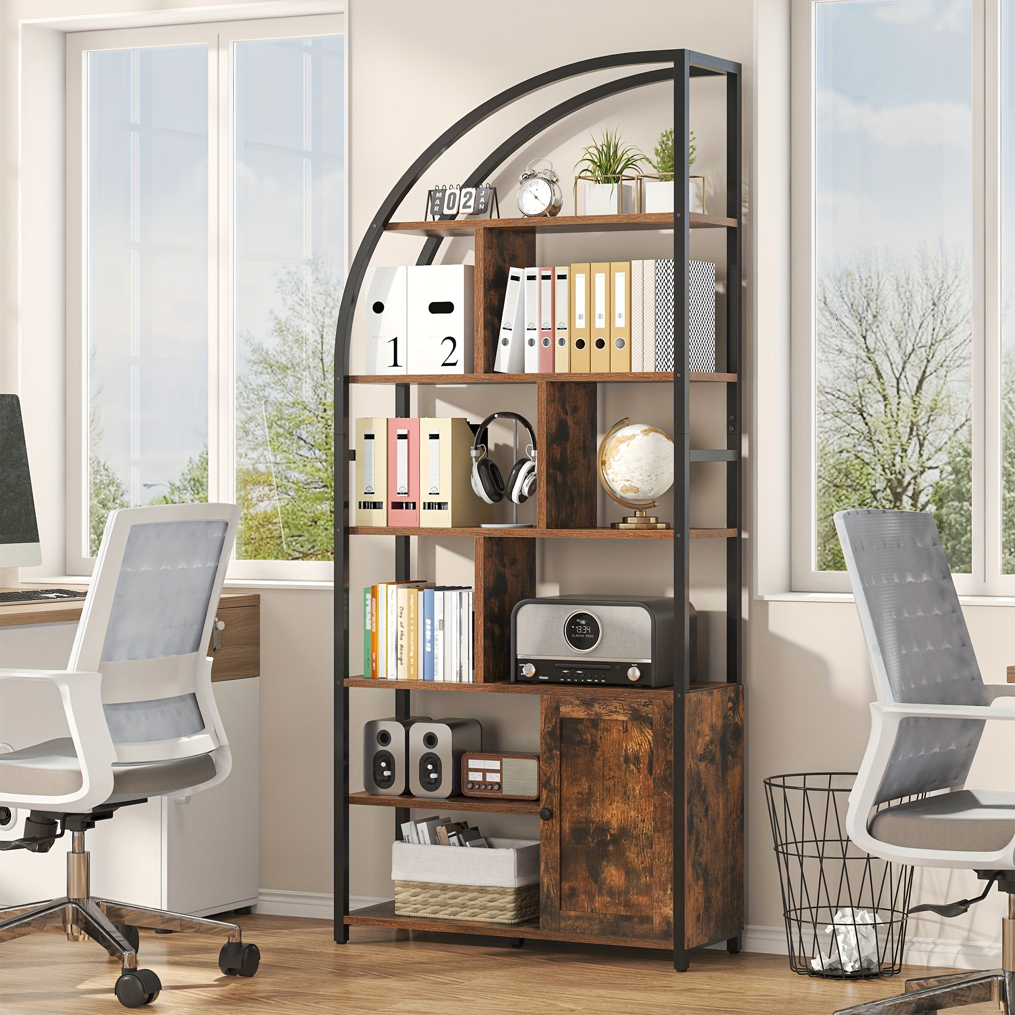 Industrial-Style 6-Tier Bookshelf Featuring a Door, Standing 71.1 Inches Tall, with a Metal Frame And 9 Open Display Shelves. This Large Shelving Unit in a Brown Geometric Design Is Perfect for Your Living Room Or Home Office