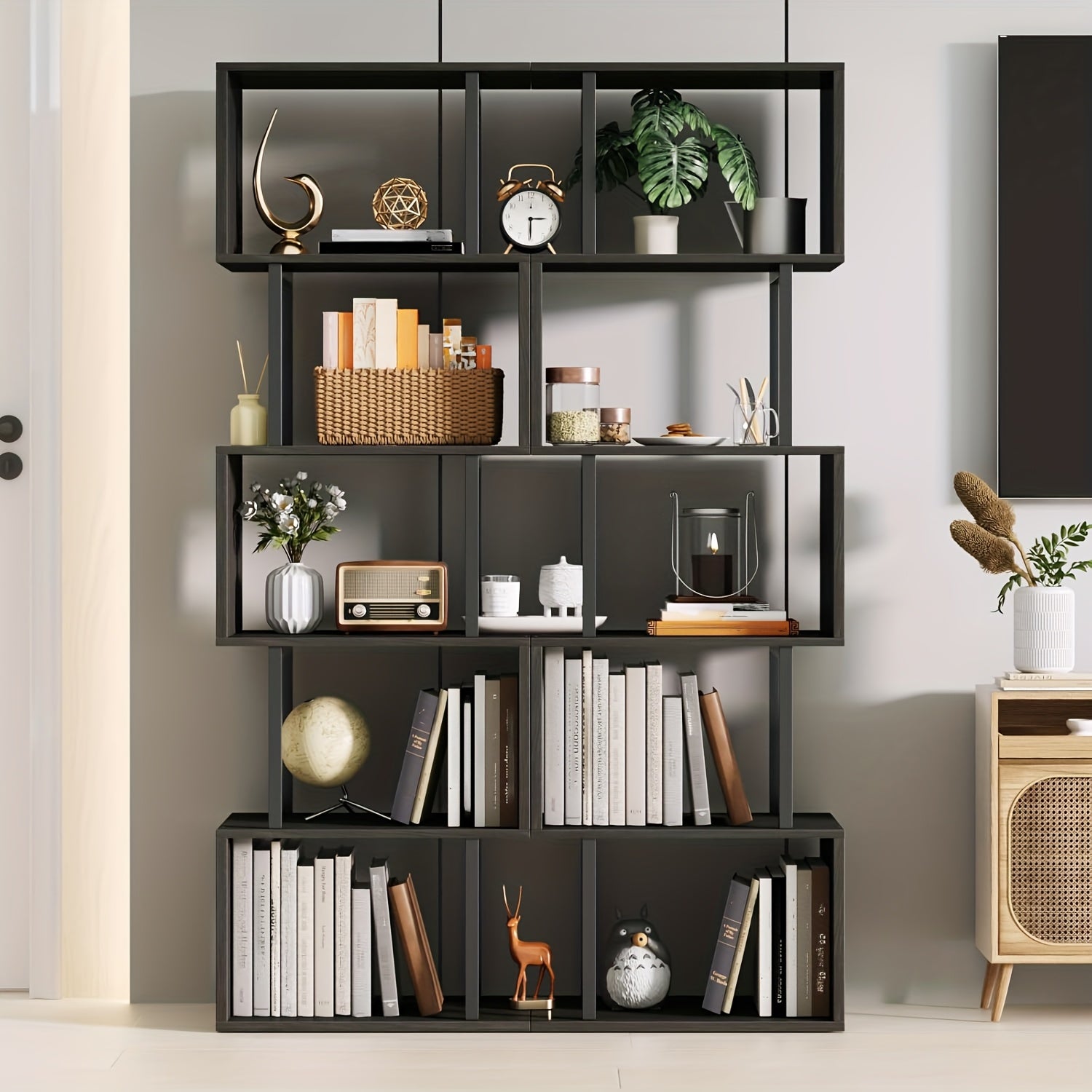 6-tier Tall Bookshelf, Lofty Geometric Book Cabinet, S-shaped Industrial-style Display Freestanding Bookshelf, Metal And Wood Decorative Storage Partition Rack, Suitable for Bedroom, Living Room, Office, Black\u002Fwhite