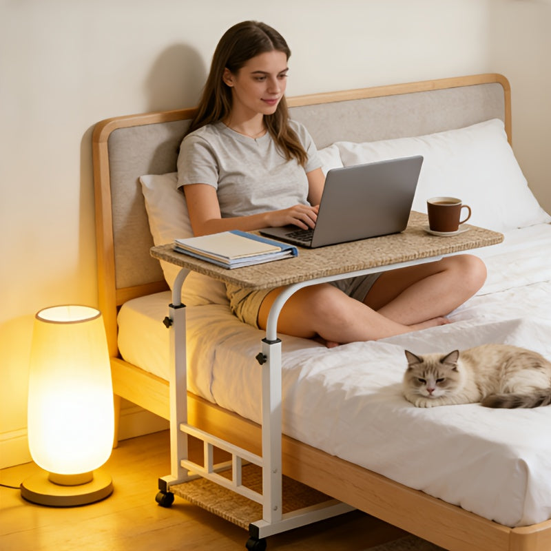 Height-Adjustable Mobile Office Desk with Wheels - -Shaped Bedside\u002FSofa Table, Oak Veneer & Wood Base, Space-Saving Laptop Desk for Small Spaces (\u002F) - Assembly, No Tools Required, -Standing