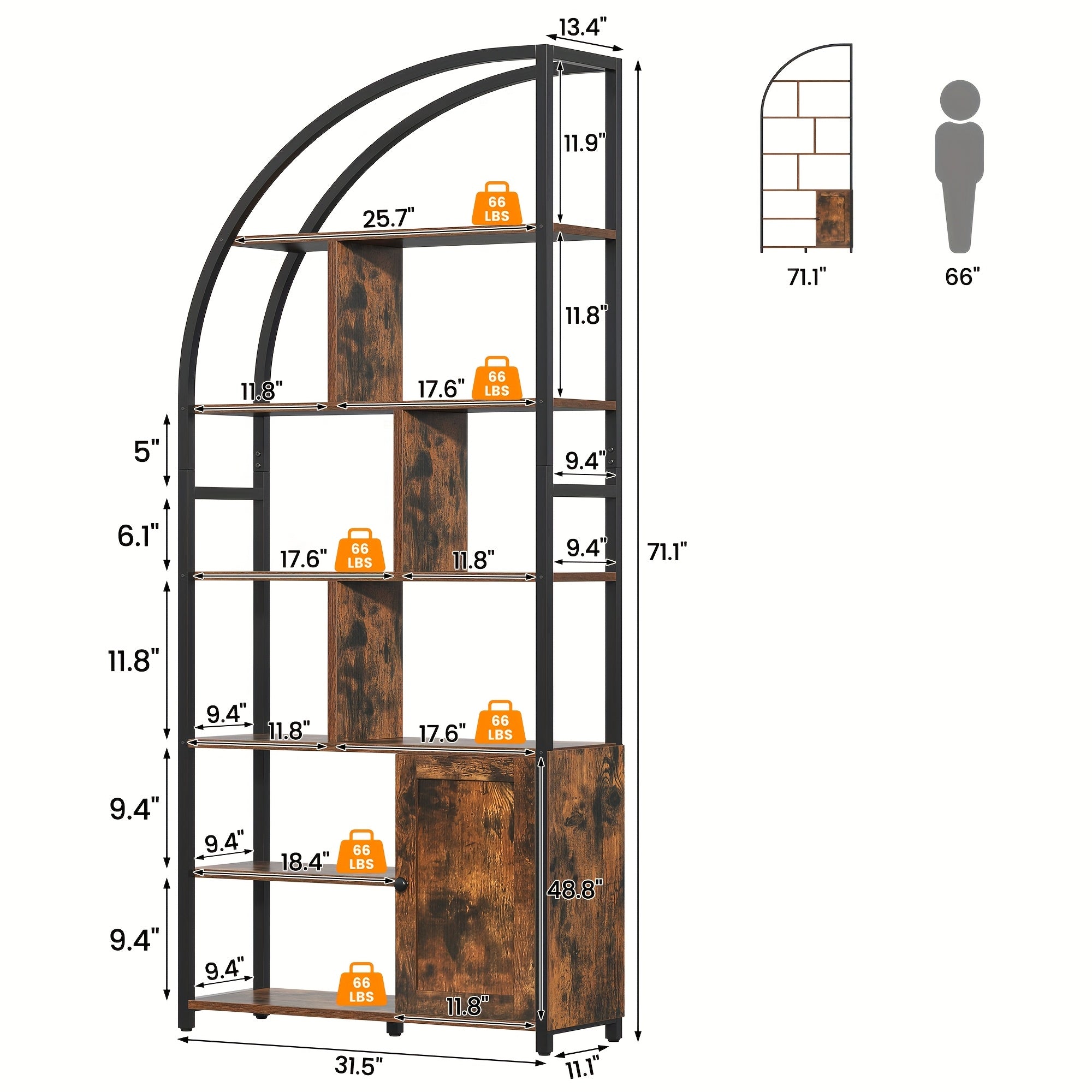 Industrial-Style 6-Tier Bookshelf Featuring a Door, Standing 71.1 Inches Tall, with a Metal Frame And 9 Open Display Shelves. This Large Shelving Unit in a Brown Geometric Design Is Perfect for Your Living Room Or Home Office