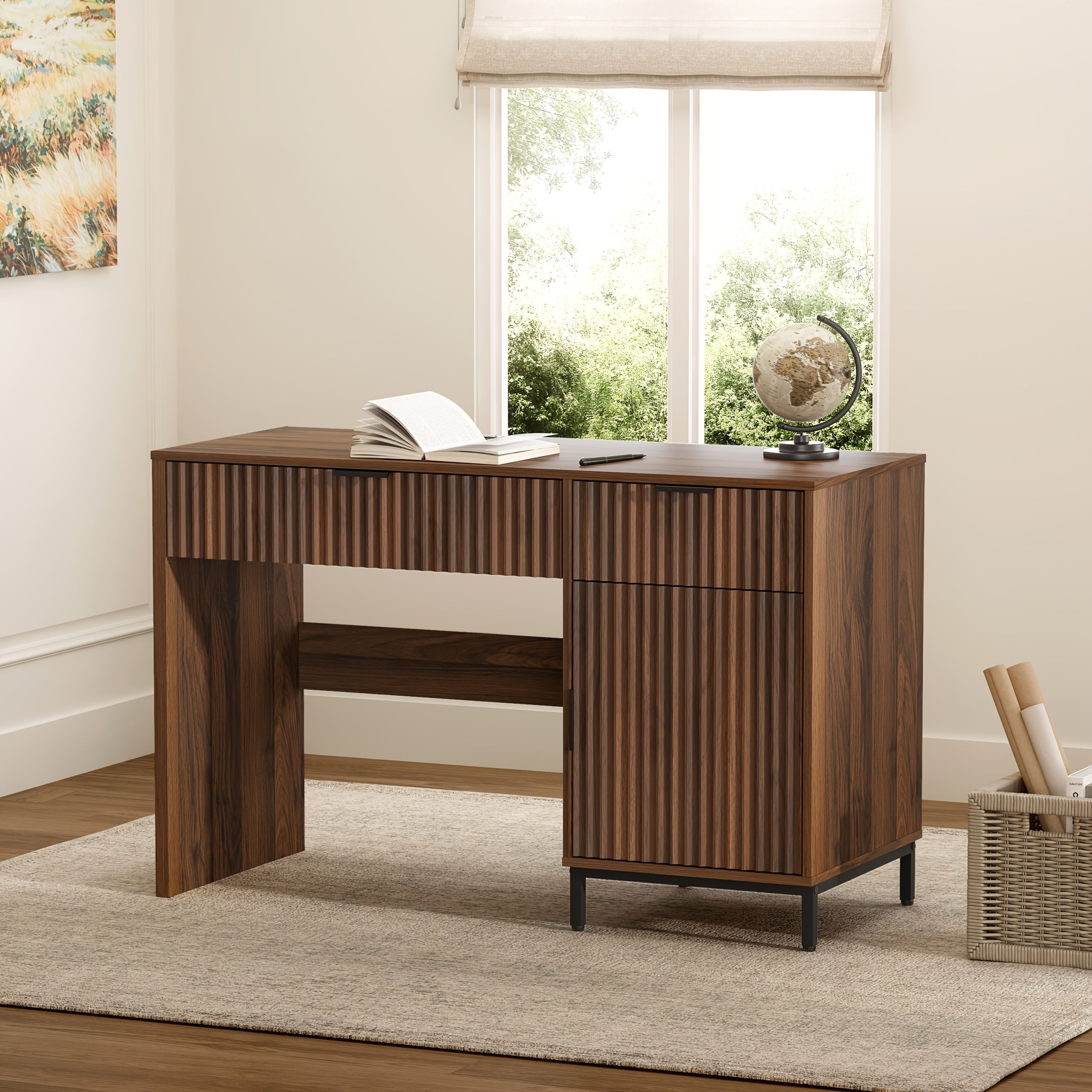 47-Inch Fluted Executive Desk, Contemporary Wooden Home Office Desk Featuring a Charging Station, Drawer & Cabinet, Computer Writing Desk Suitable for Work And Study