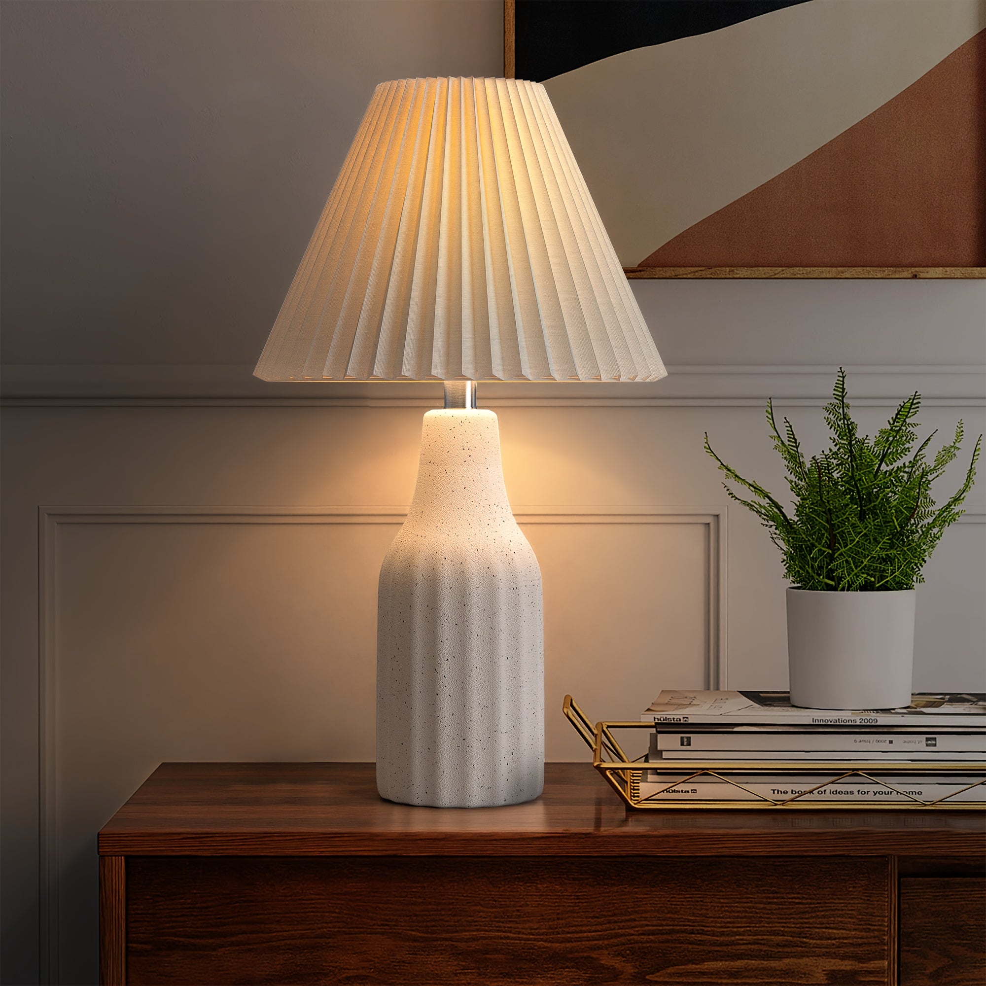 22-Inch Minimalist White Ceramic Table Lamp Featuring a Pleated Shade, Ideal for Desks, Bedrooms, And Nightstands with a Terrazzo End
