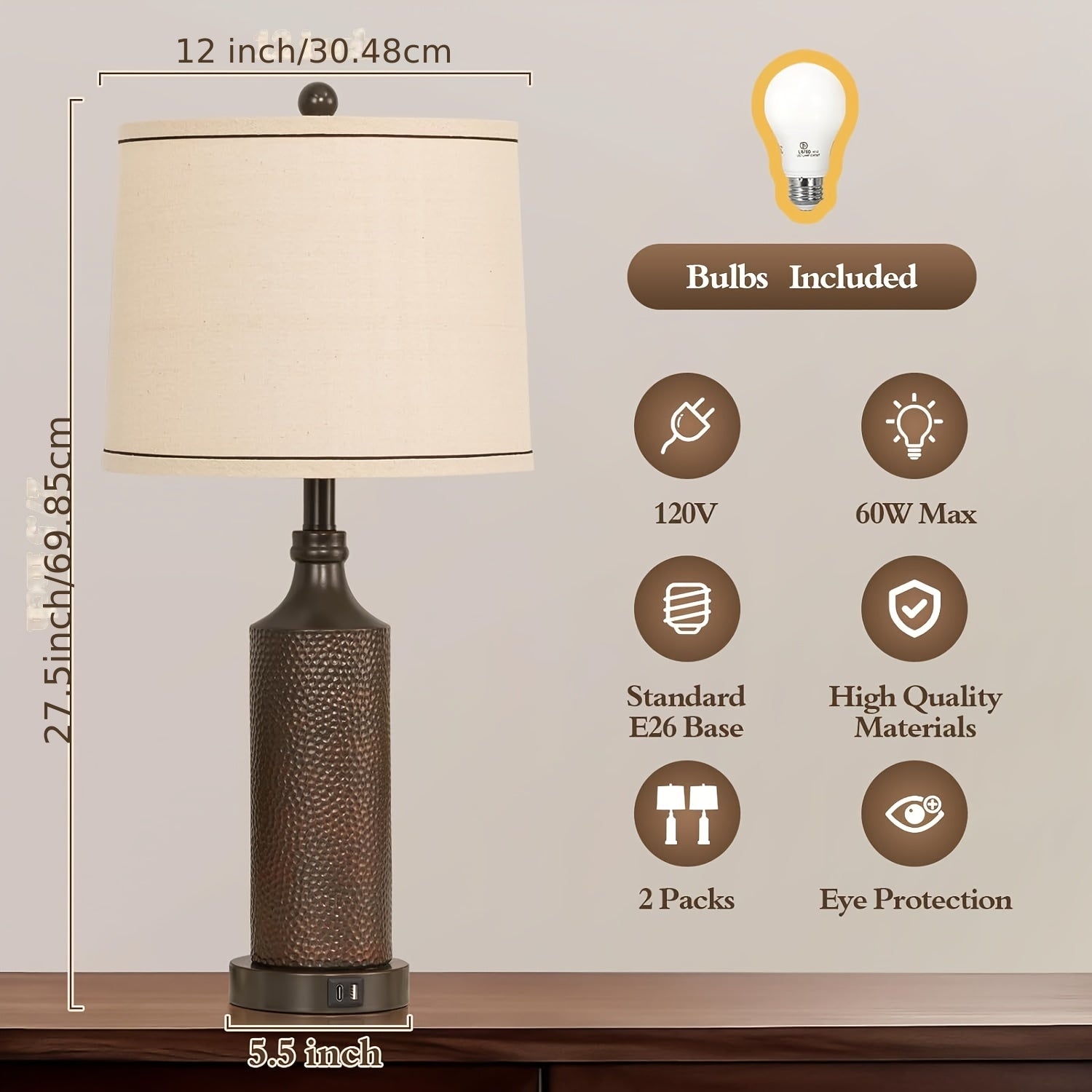27.5 Inch H 3-Channel Adjustable Touch Lamp, Featuring USB A And C Ports, Vintage Washed White Resin Design, Perfect for Bedside Tables, Living Rooms, Bedrooms, And Offices
