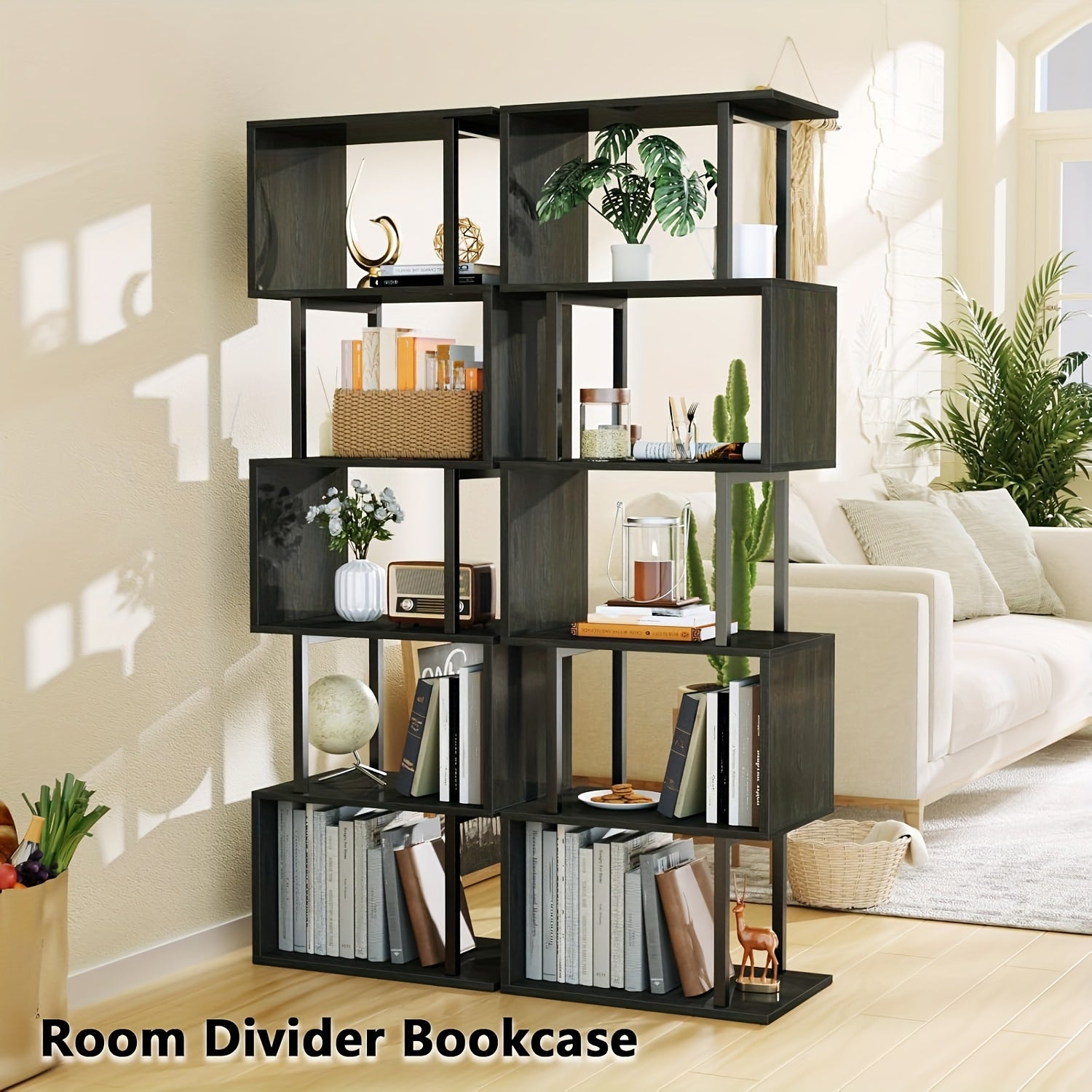 6-tier Tall Bookshelf, Lofty Geometric Book Cabinet, S-shaped Industrial-style Display Freestanding Bookshelf, Metal And Wood Decorative Storage Partition Rack, Suitable for Bedroom, Living Room, Office, Black\u002Fwhite