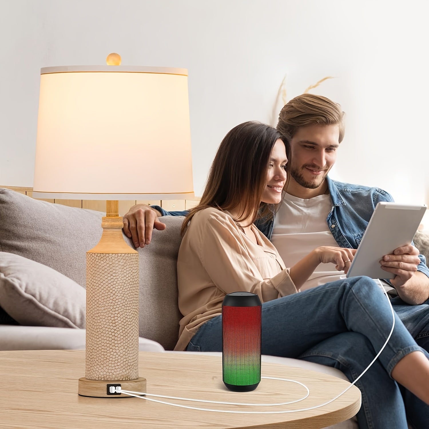 27.5 Inch H 3-Channel Adjustable Touch Lamp, Featuring USB A And C Ports, Vintage Washed White Resin Design, Perfect for Bedside Tables, Living Rooms, Bedrooms, And Offices