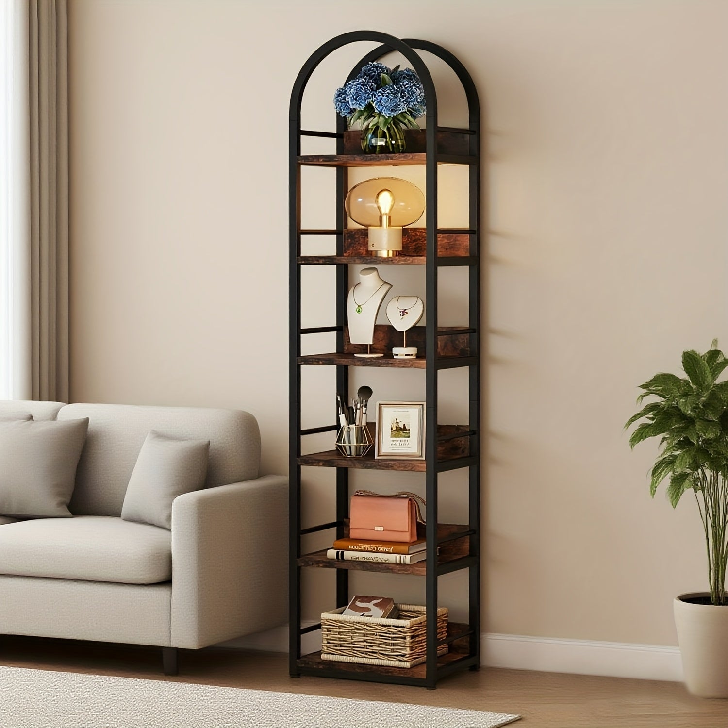 78.7-Inch Slim Bookcase with Six Levels And an Arched Design for Showcasing Books