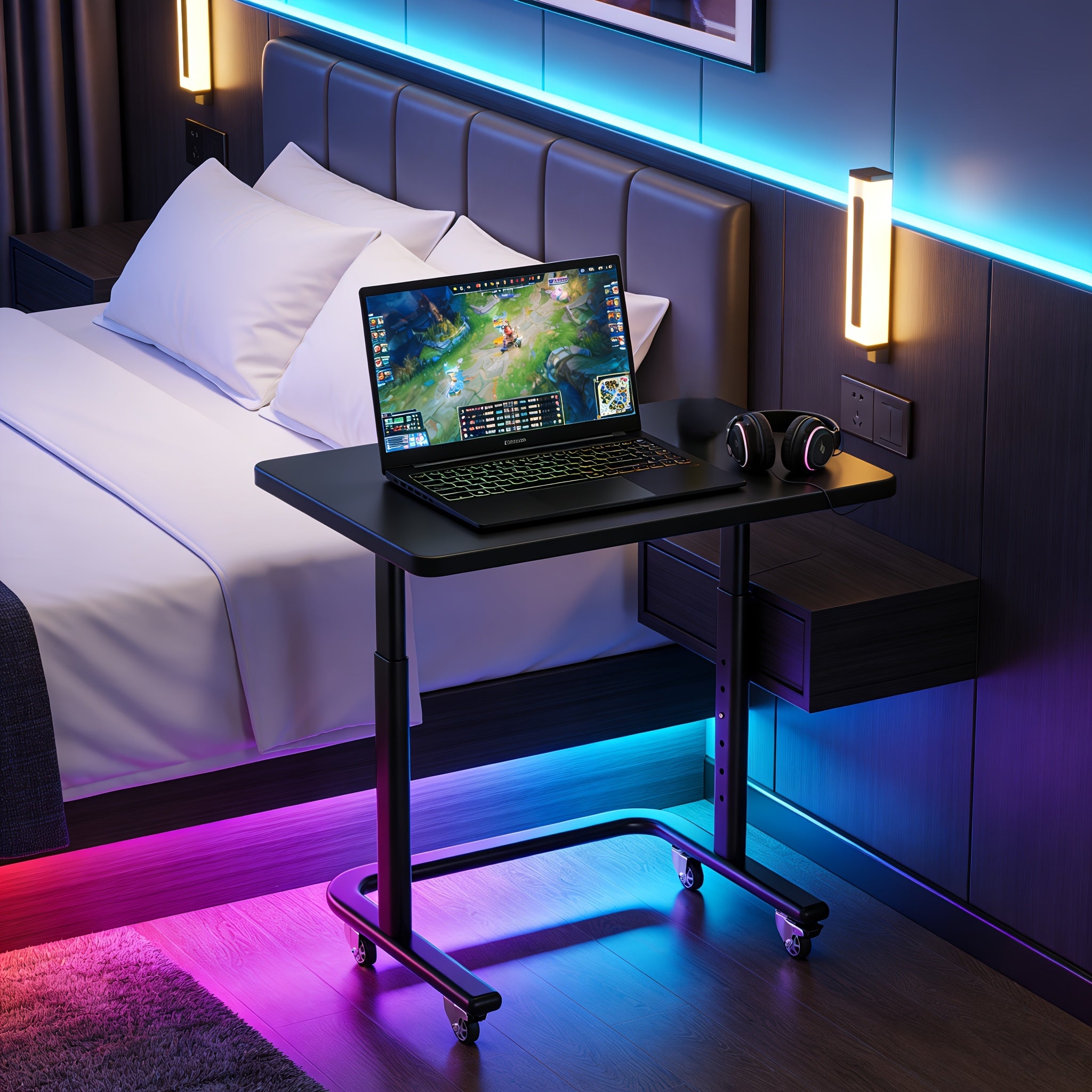 Adjustable Height Mobile Computer Desk with Smooth Rolling Lockable Casters; Sturdy Ergonomic Bedside Workstation for Home Office, Gaming, And Bedridden Use Durable Laptop Table, Space-saving.