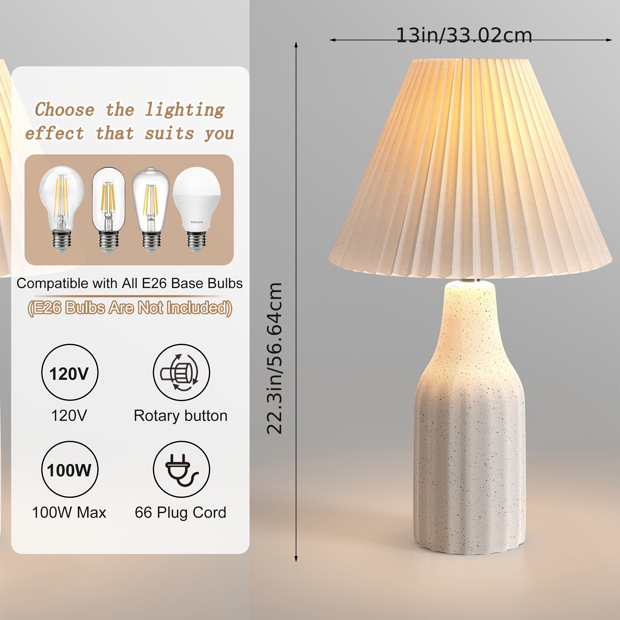 22-Inch Minimalist White Ceramic Table Lamp Featuring a Pleated Shade, Ideal for Desks, Bedrooms, And Nightstands with a Terrazzo End