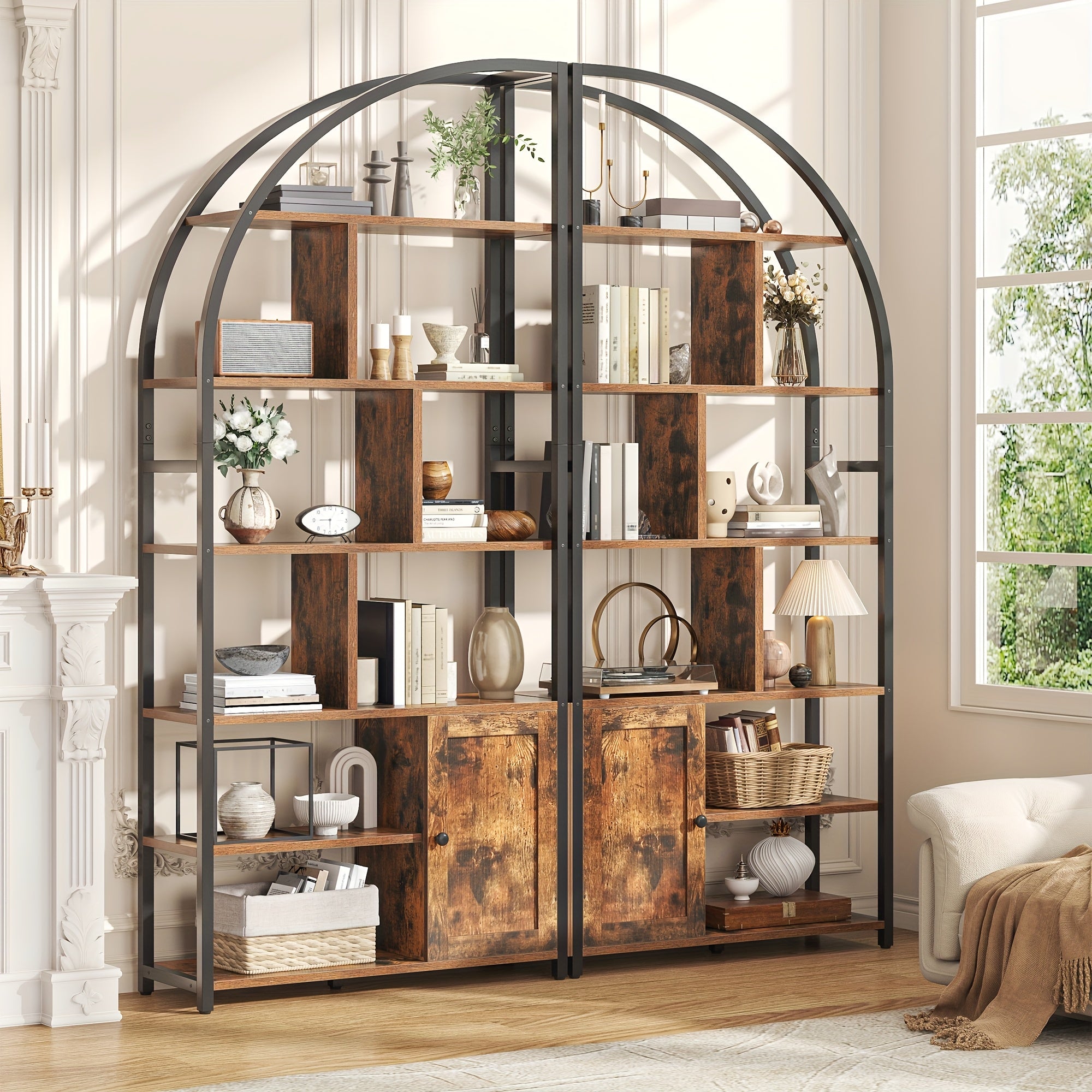 Industrial-Style 6-Tier Bookshelf Featuring a Door, Standing 71.1 Inches Tall, with a Metal Frame And 9 Open Display Shelves. This Large Shelving Unit in a Brown Geometric Design Is Perfect for Your Living Room Or Home Office