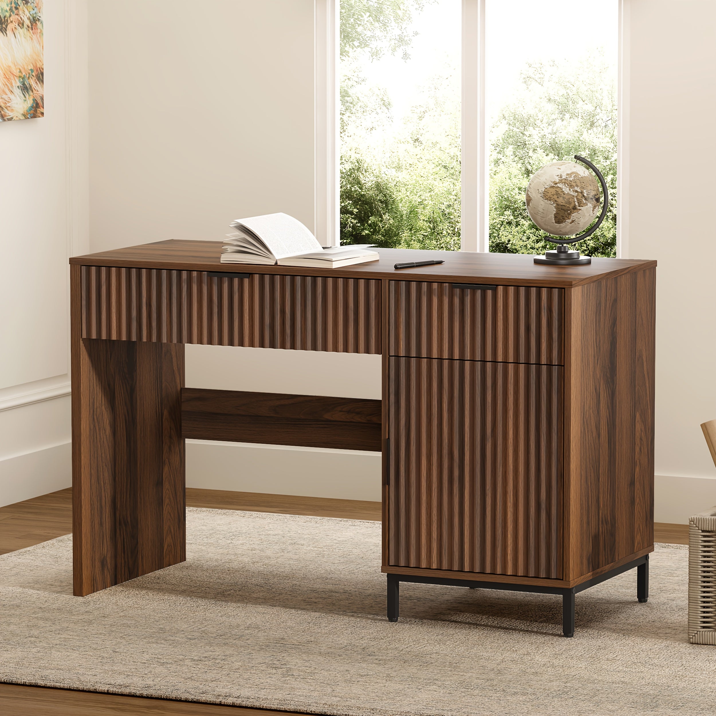 47-Inch Fluted Executive Desk, Contemporary Wooden Home Office Desk Featuring a Charging Station, Drawer & Cabinet, Computer Writing Desk Suitable for Work And Study