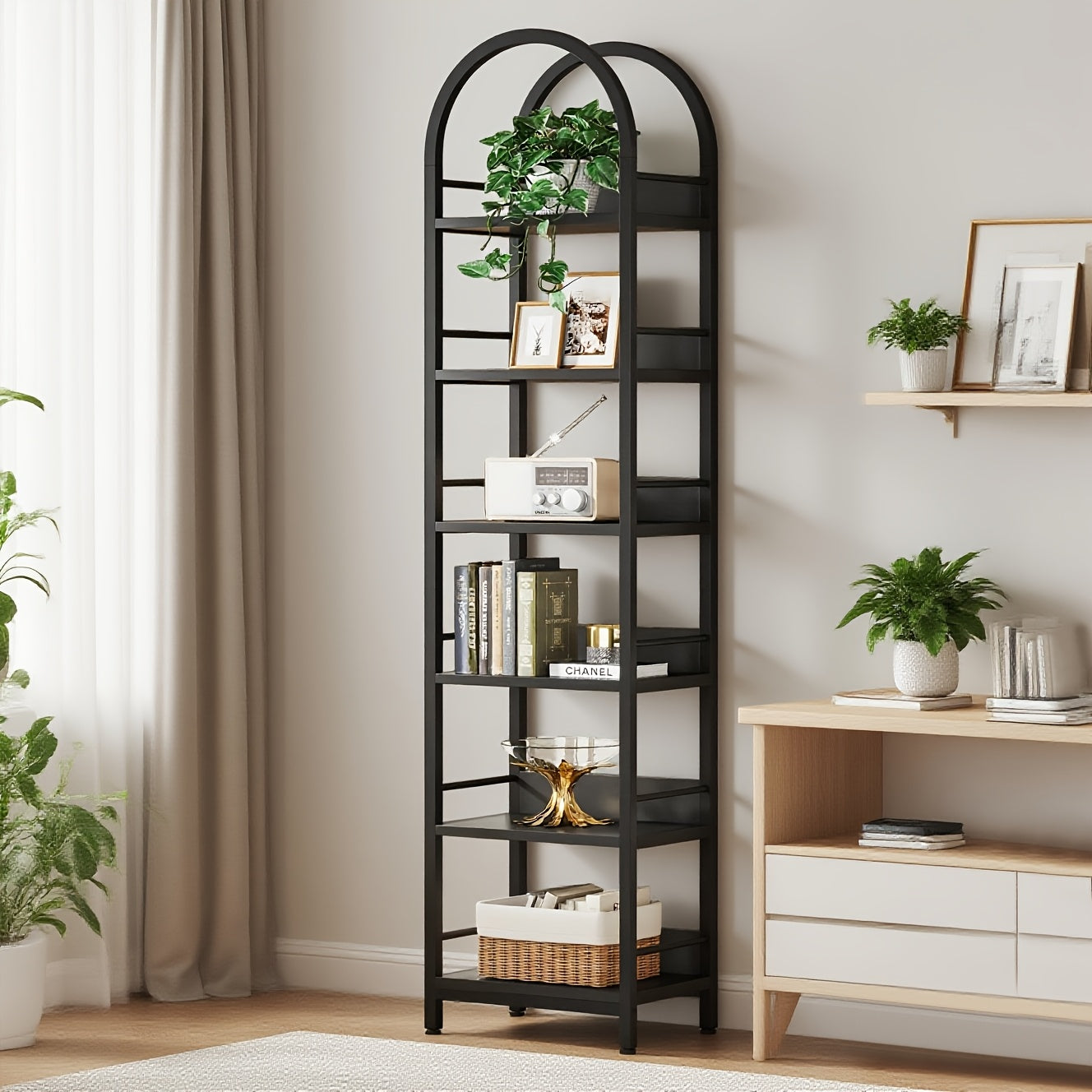 78.7-Inch Slim Bookcase with Six Levels And an Arched Design for Showcasing Books
