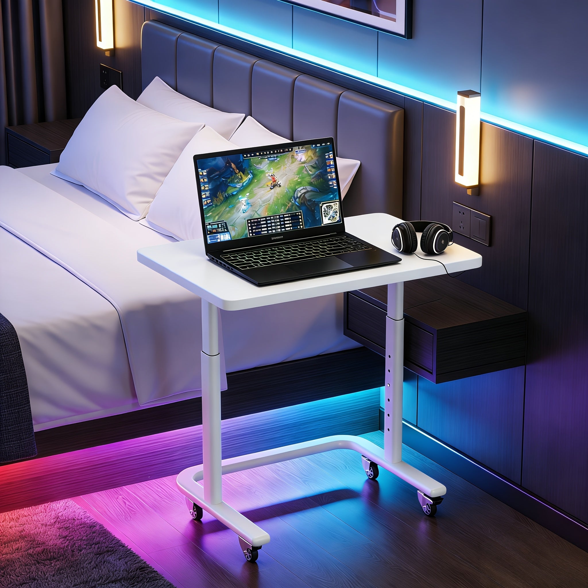 Adjustable Height Mobile Computer Desk with Smooth Rolling Lockable Casters; Sturdy Ergonomic Bedside Workstation for Home Office, Gaming, And Bedridden Use Durable Laptop Table, Space-saving.