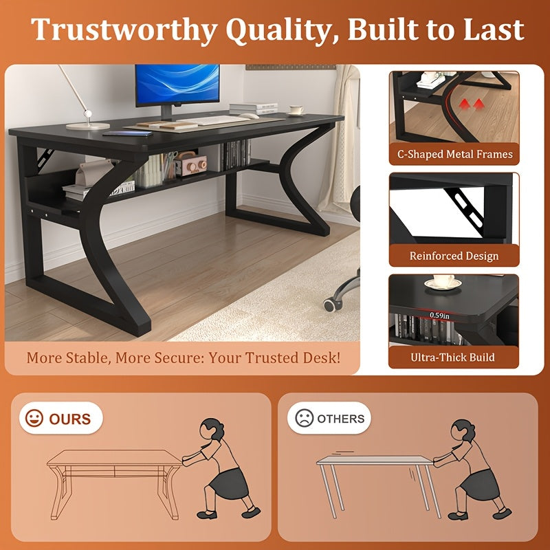 Computer Desk 55'' Large Home Office Desk with Sturdy Metal Frame U Shaped Modern Computer Desks with Storage Study Writing Office Work from Home Desks (Black, 55 Inch)